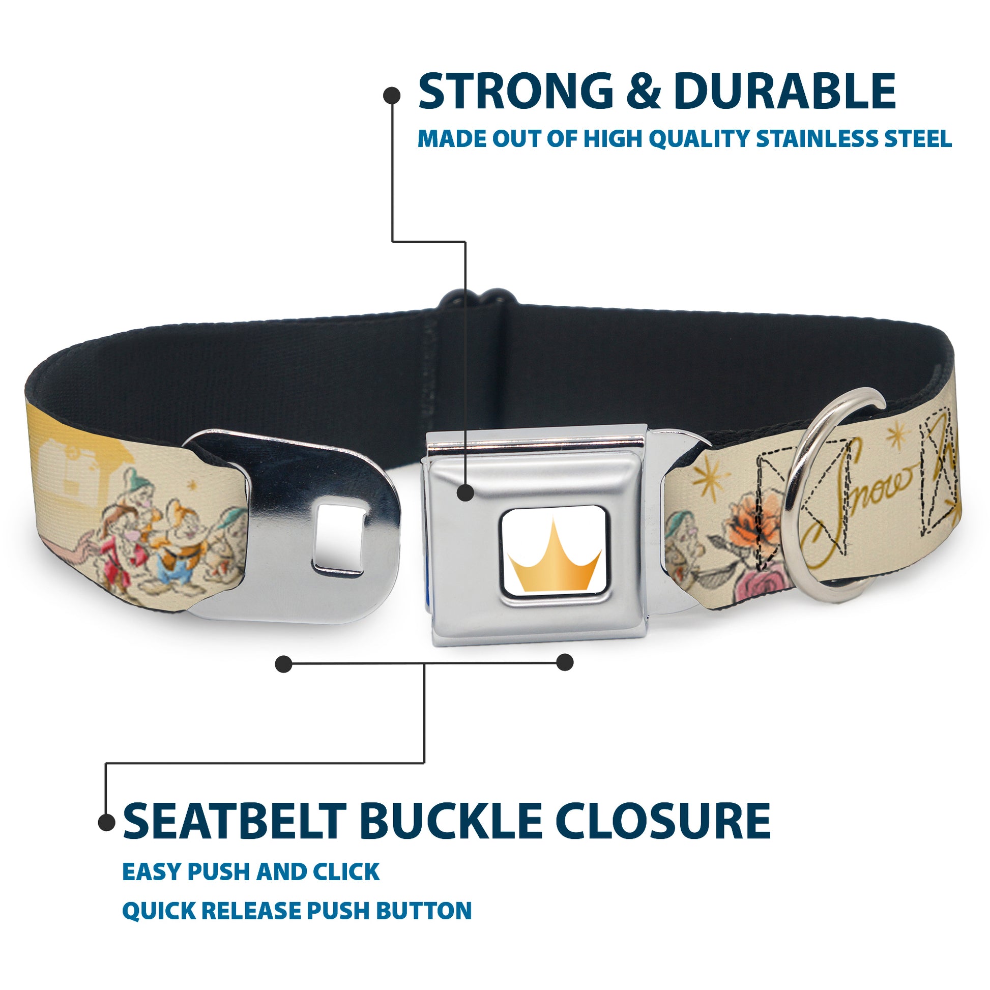 Disney Princess Crown Full Color Golds Seatbelt Buckle Collar - Snow White and the Seven Dwarfs with Script and Flowers Yellows Seatbelt Buckle Collars Disney