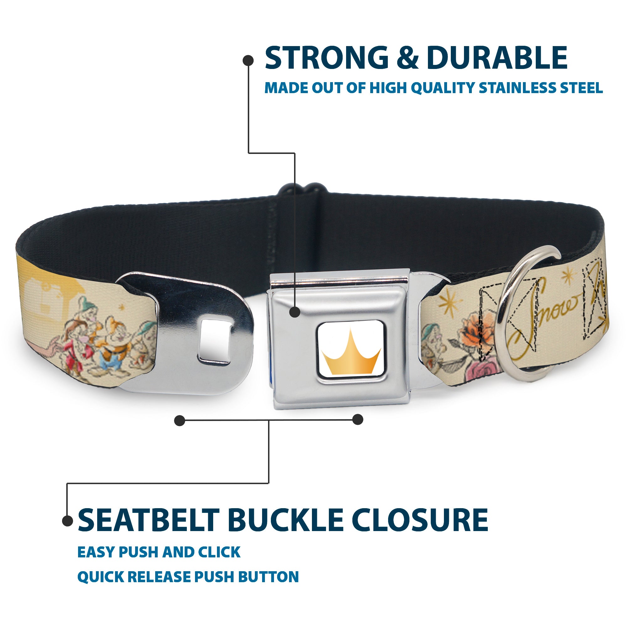 Disney Princess Crown Full Color Golds Seatbelt Buckle Collar - Snow White and the Seven Dwarfs with Script and Flowers Yellows Seatbelt Buckle Collars Disney