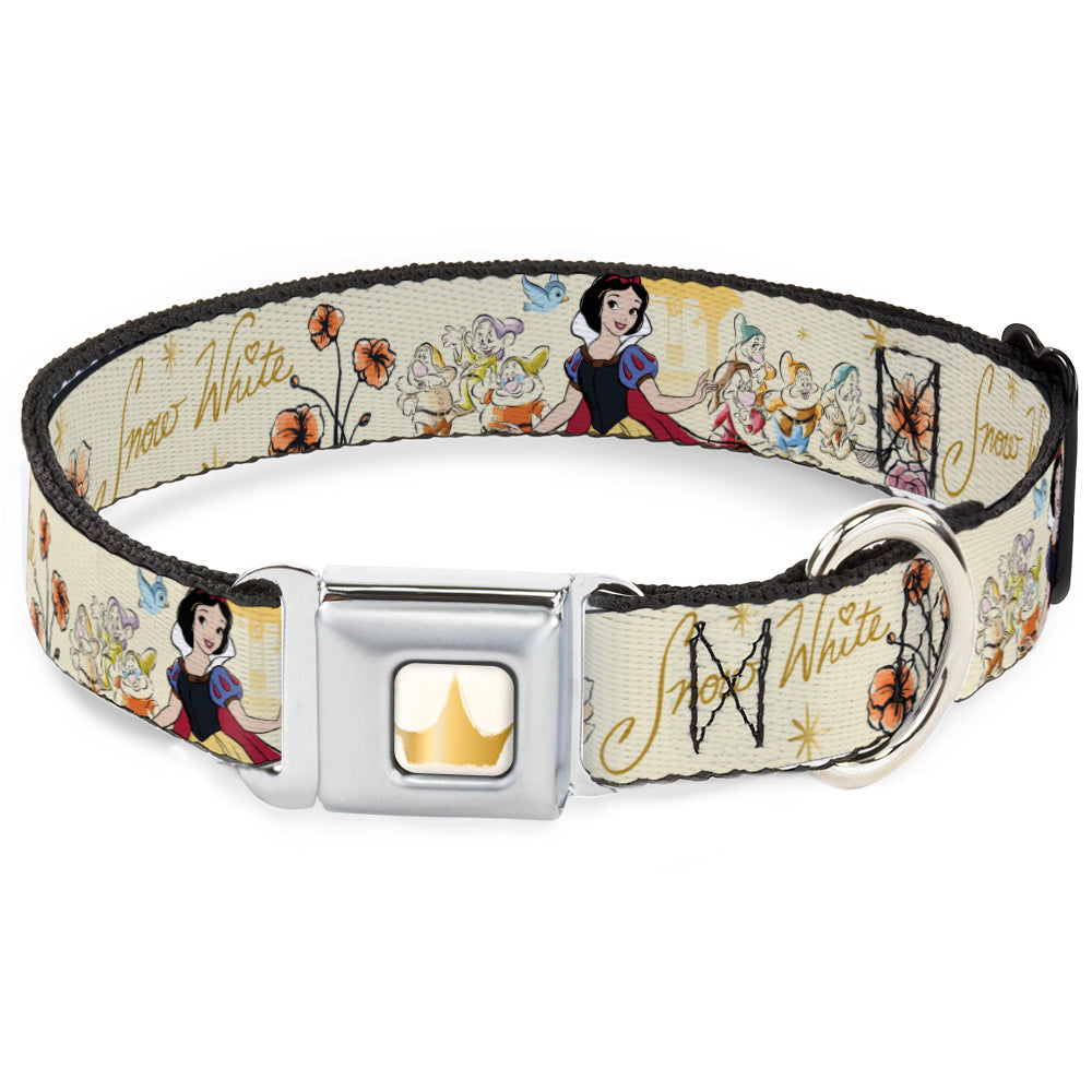 Disney Princess Crown Full Color Golds Seatbelt Buckle Collar - Snow White and the Seven Dwarfs with Script and Flowers Yellows Seatbelt Buckle Collars Disney
