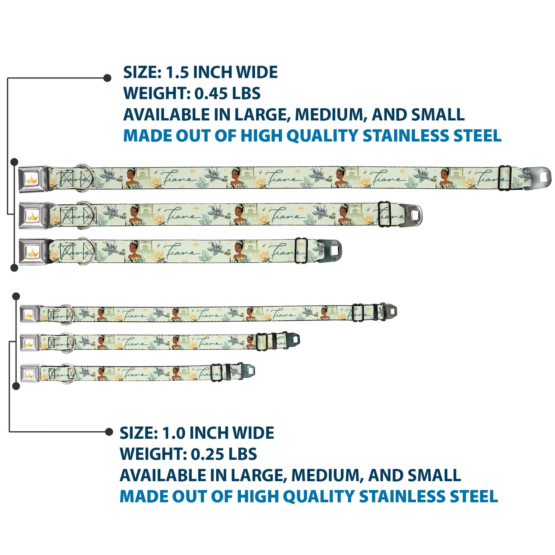 Disney Princess Crown Full Color Golds Seatbelt Buckle Collar - The Princess and the Frog Tiana Palace Pose with Script and Flowers Greens Seatbelt Buckle Collars Disney