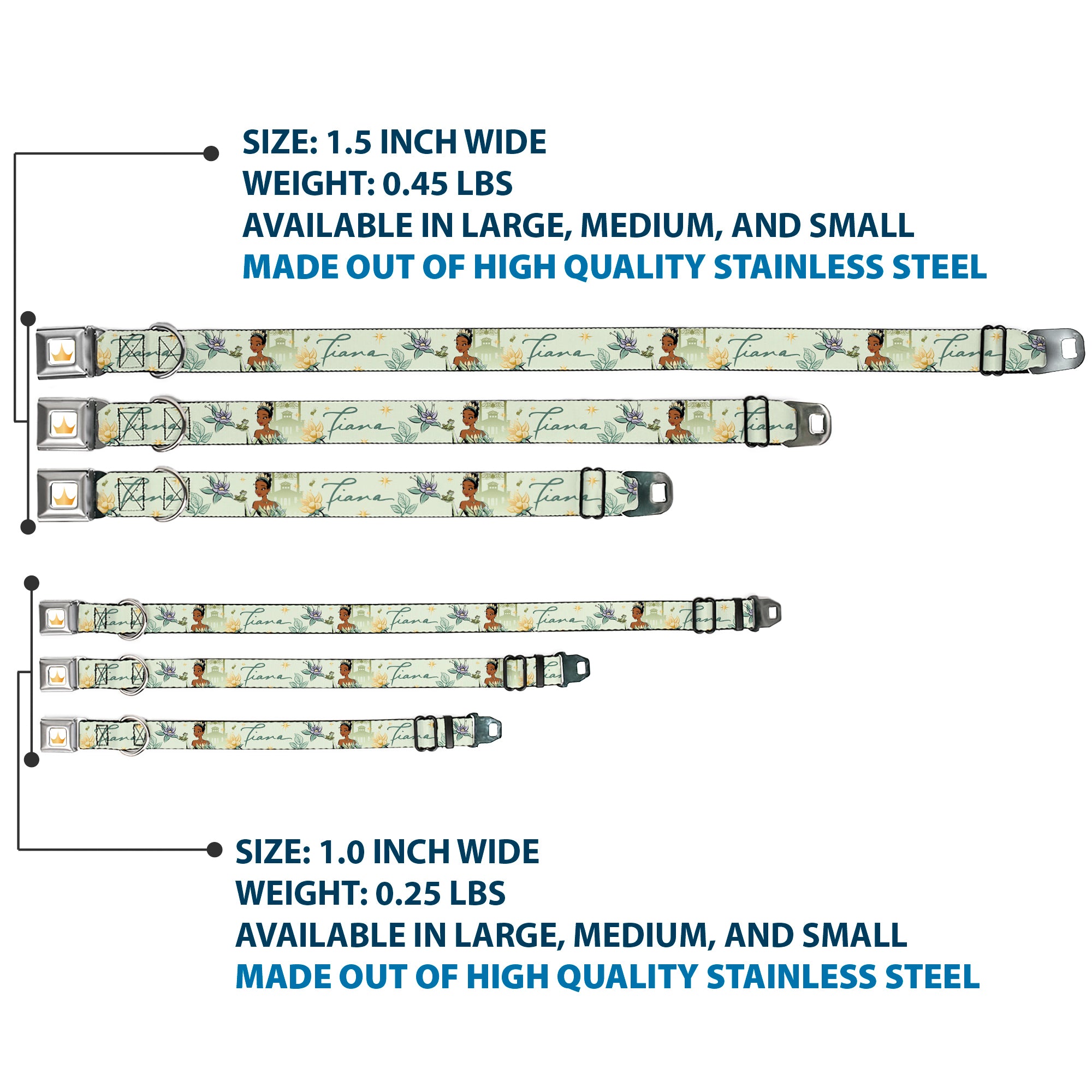 Disney Princess Crown Full Color Golds Seatbelt Buckle Collar - The Princess and the Frog Tiana Palace Pose with Script and Flowers Greens Seatbelt Buckle Collars Disney