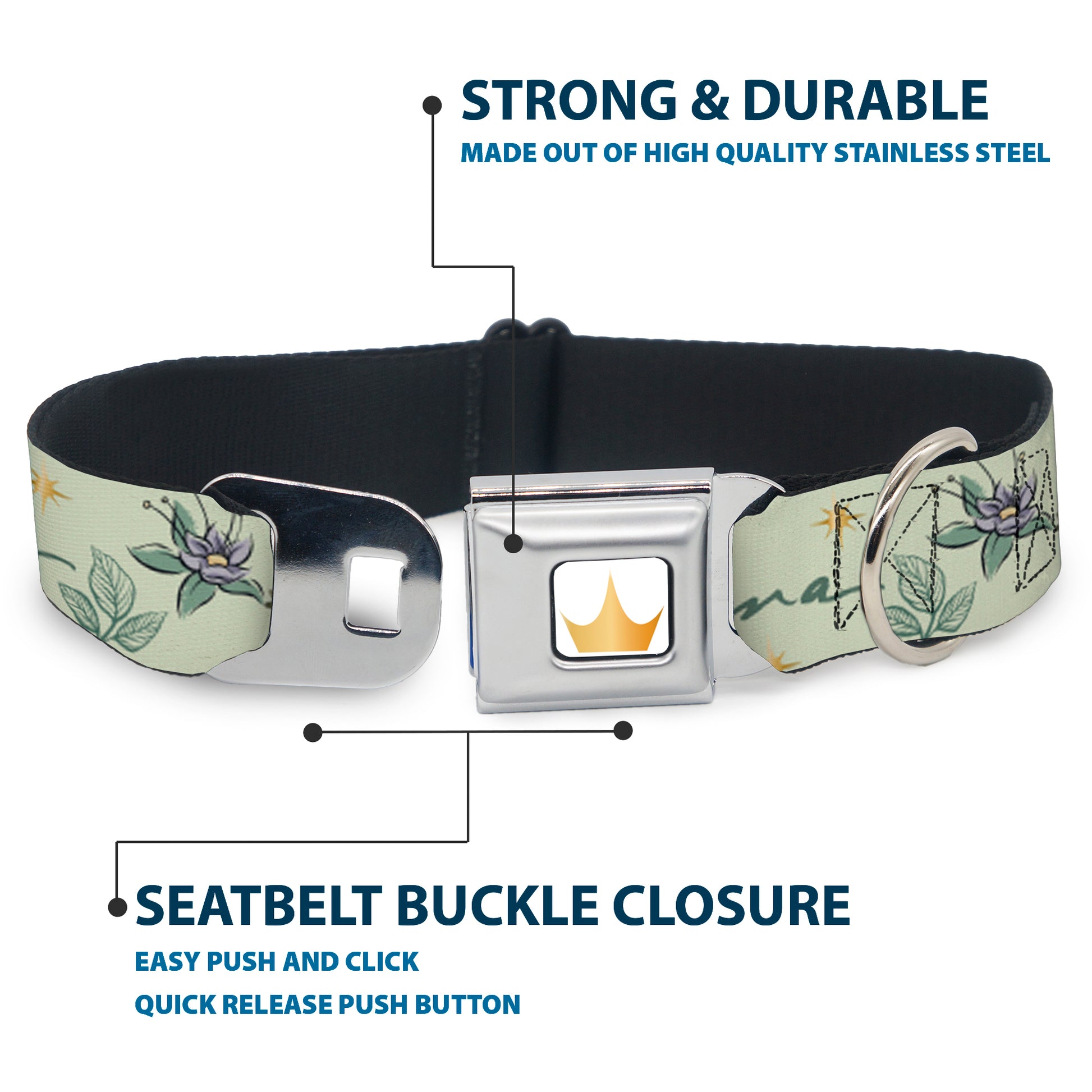 Disney Princess Crown Full Color Golds Seatbelt Buckle Collar - The Princess and the Frog Tiana Palace Pose with Script and Flowers Greens Seatbelt Buckle Collars Disney