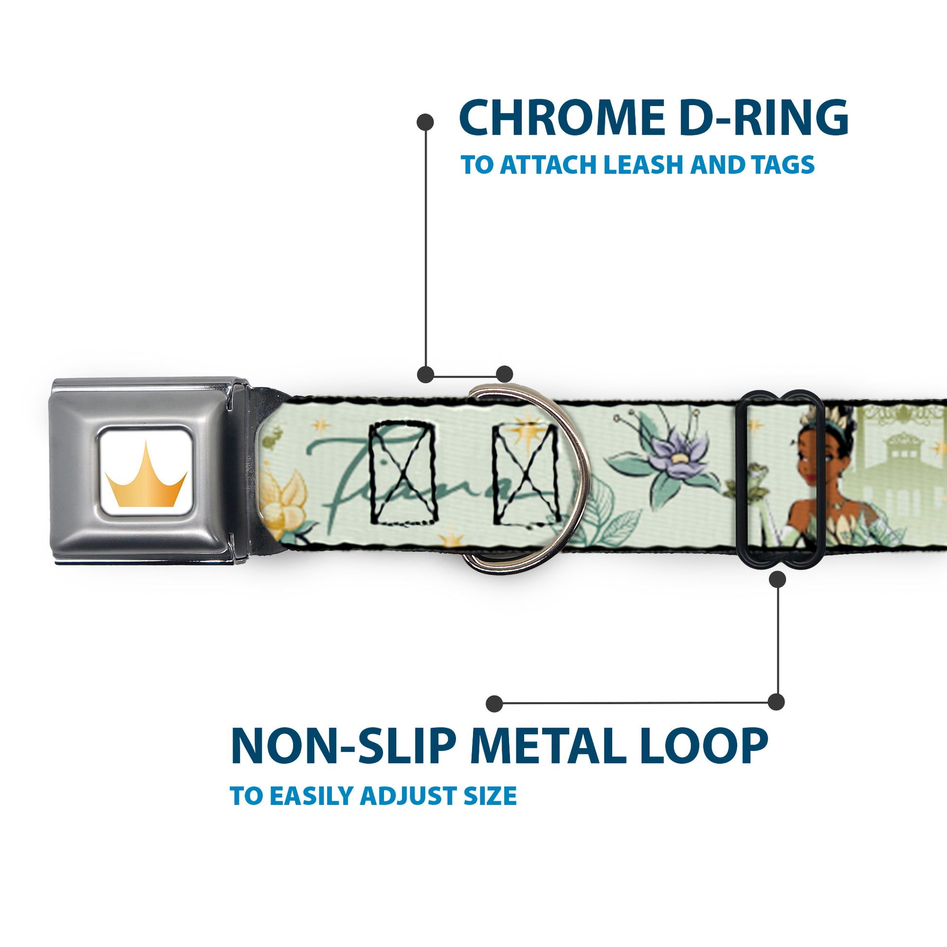 Disney Princess Crown Full Color Golds Seatbelt Buckle Collar - The Princess and the Frog Tiana Palace Pose with Script and Flowers Greens Seatbelt Buckle Collars Disney
