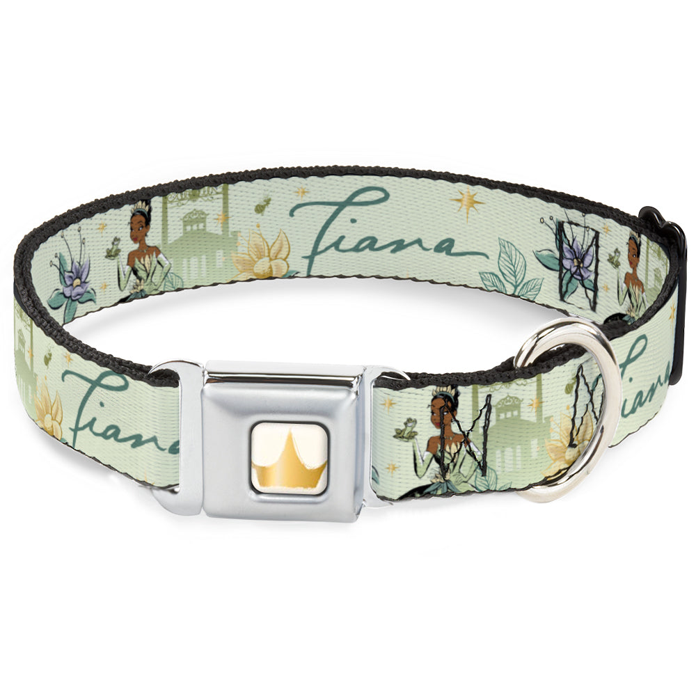Disney Princess Crown Full Color Golds Seatbelt Buckle Collar - The Princess and the Frog Tiana Palace Pose with Script and Flowers Greens Seatbelt Buckle Collars Disney