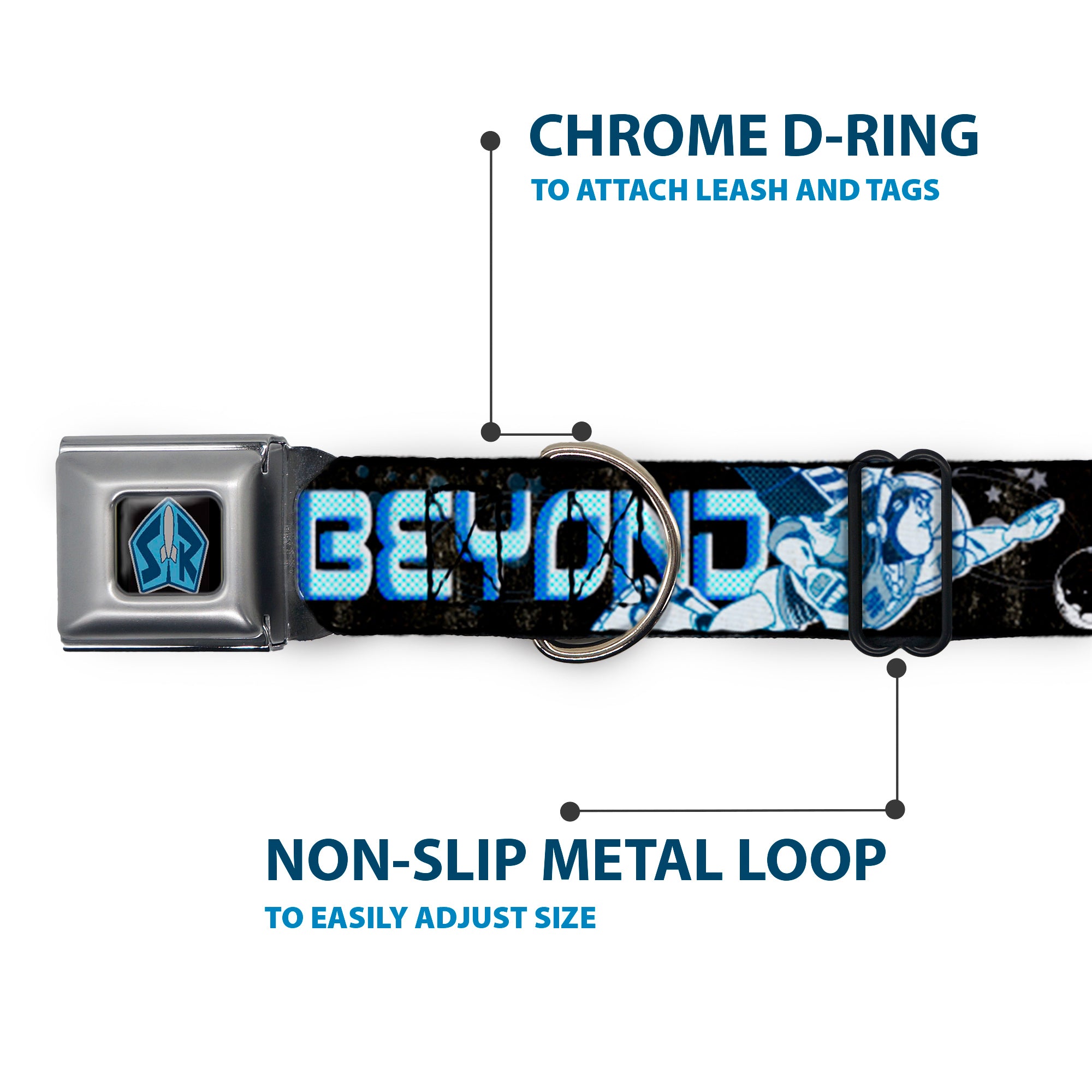 Space Ranger SR Logo Full Color Black/Blue Seatbelt Buckle Collar - Buzz Poses/Stars TO INFINITY AND BEYOND Black/Blues Seatbelt Buckle Collars Disney