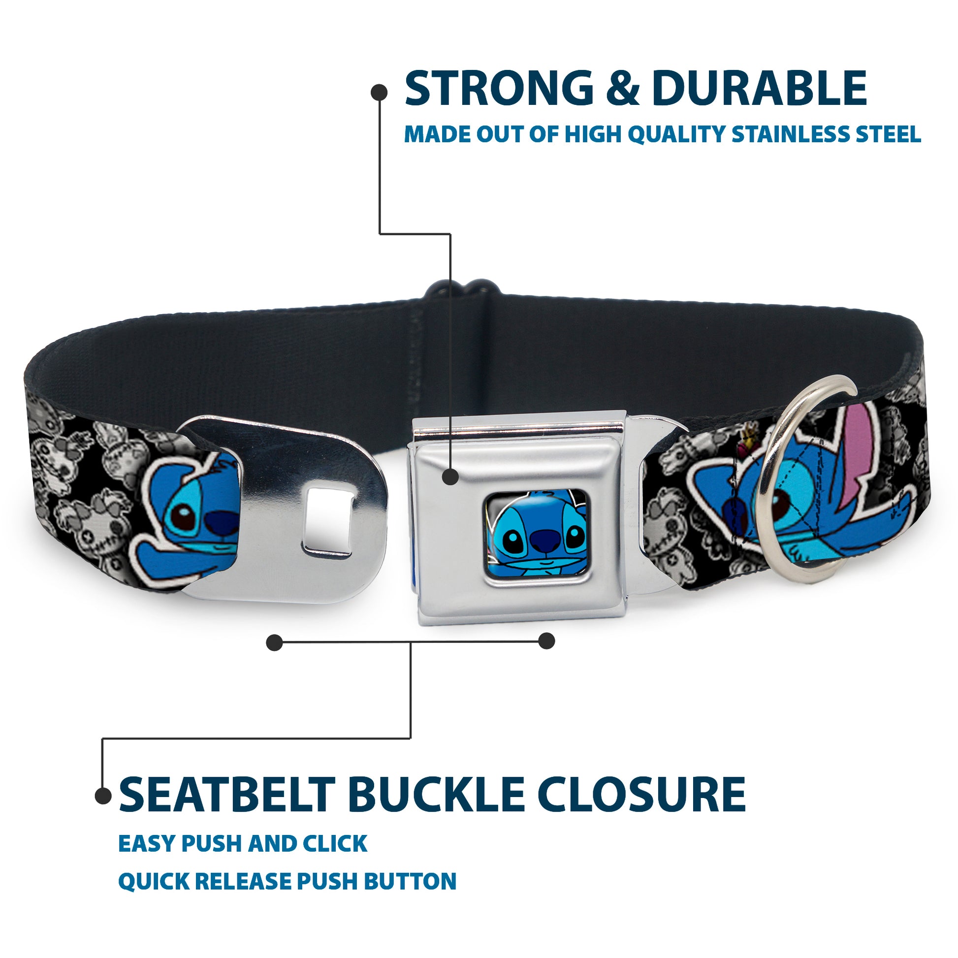Stitch Face CLOSE-UP Full Color Seatbelt Buckle Collar - Stitch Poses/Mini Scrump Scattered Seatbelt Buckle Collars Disney