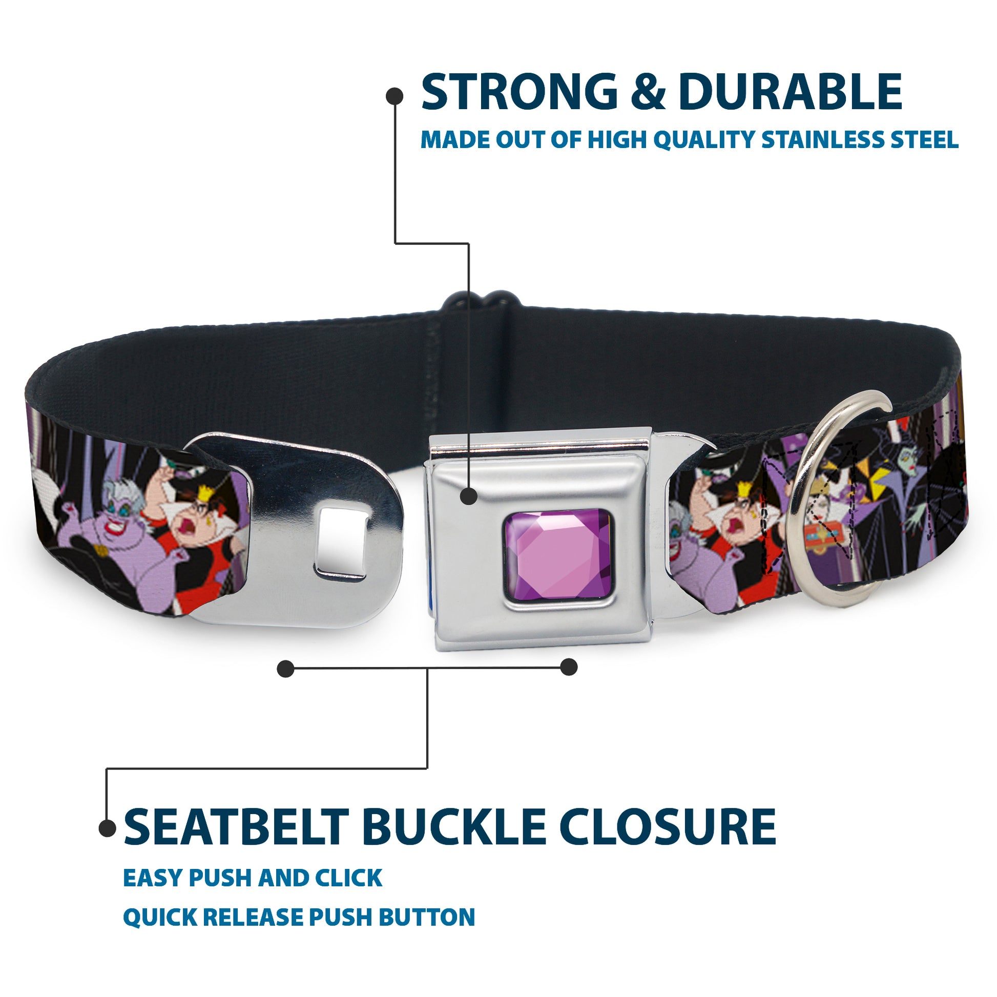 Princess Gem CLOSE-UP Full Color Purple Seatbelt Buckle Collar - 5-Disney Villains Stacked Seatbelt Buckle Collars Disney