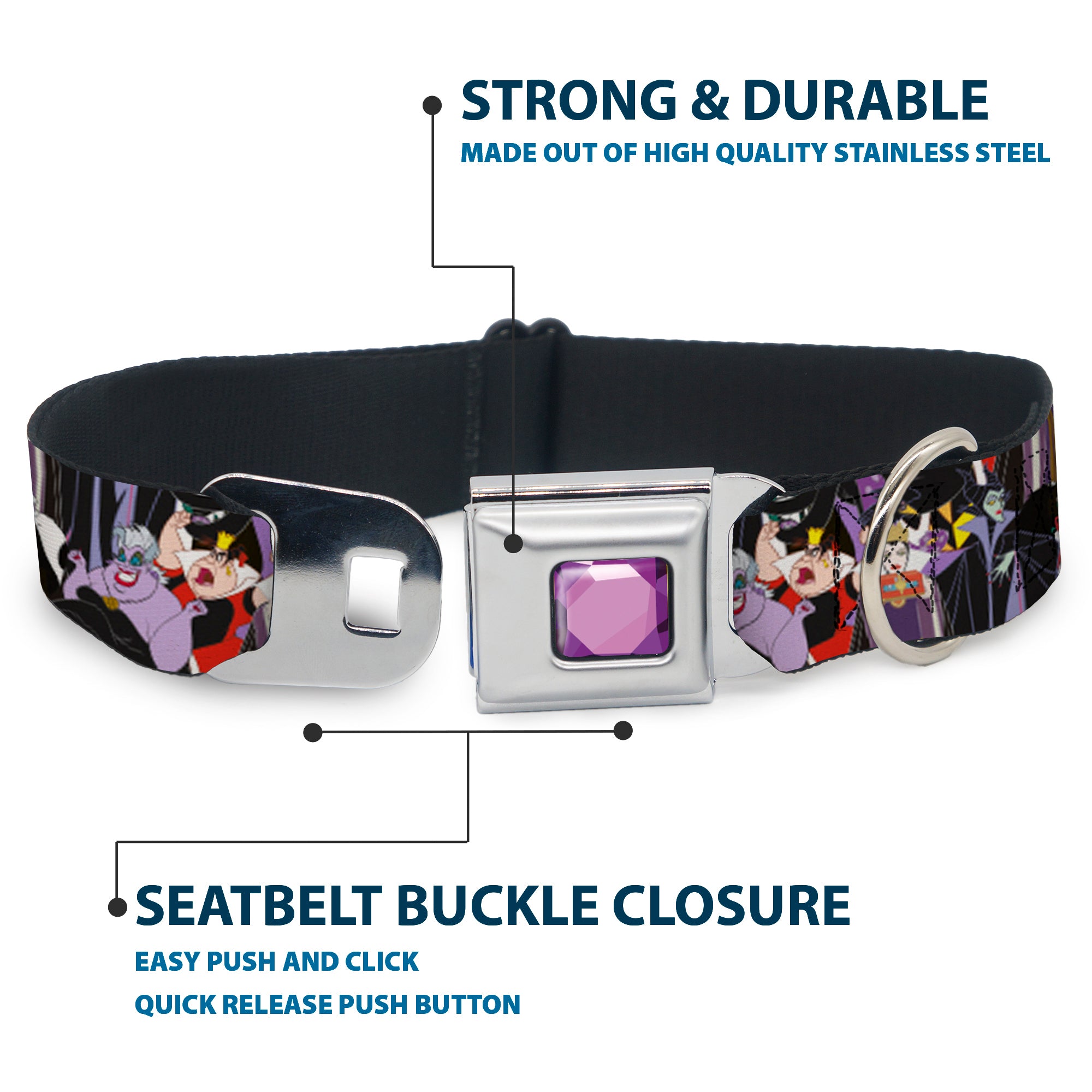 Princess Gem CLOSE-UP Full Color Purple Seatbelt Buckle Collar - 5-Disney Villains Stacked Seatbelt Buckle Collars Disney