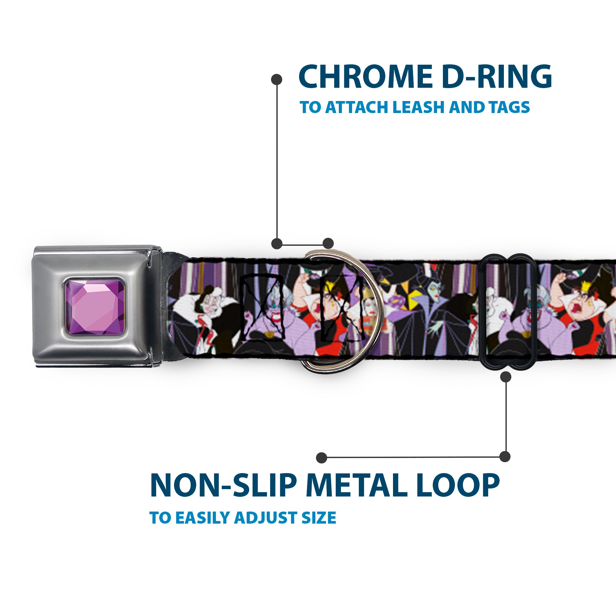 Princess Gem CLOSE-UP Full Color Purple Seatbelt Buckle Collar - 5-Disney Villains Stacked Seatbelt Buckle Collars Disney