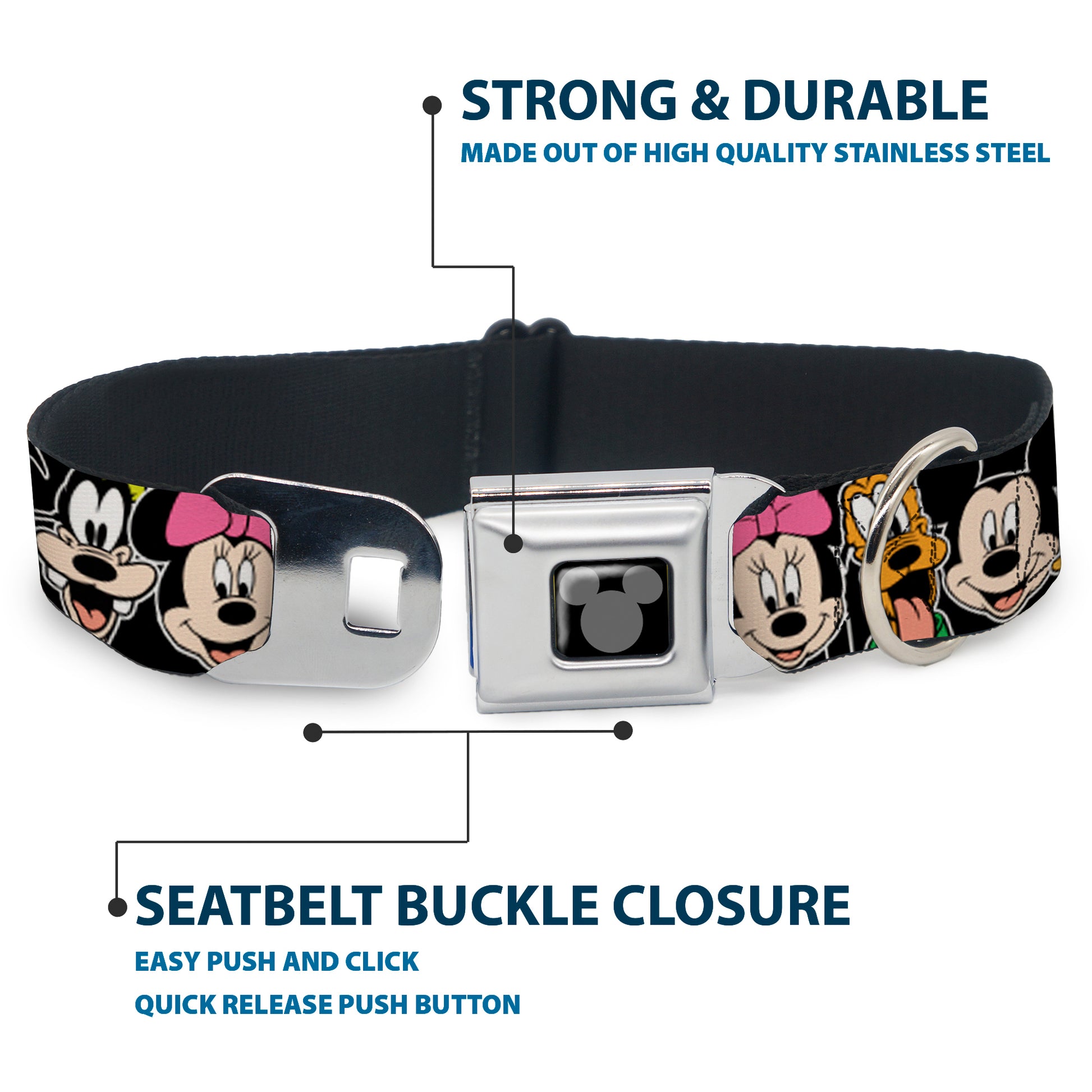 Mickey Silhouette Black Silver Seatbelt Buckle Collar - Classic Disney Character Faces Black Seatbelt Buckle Collars Disney