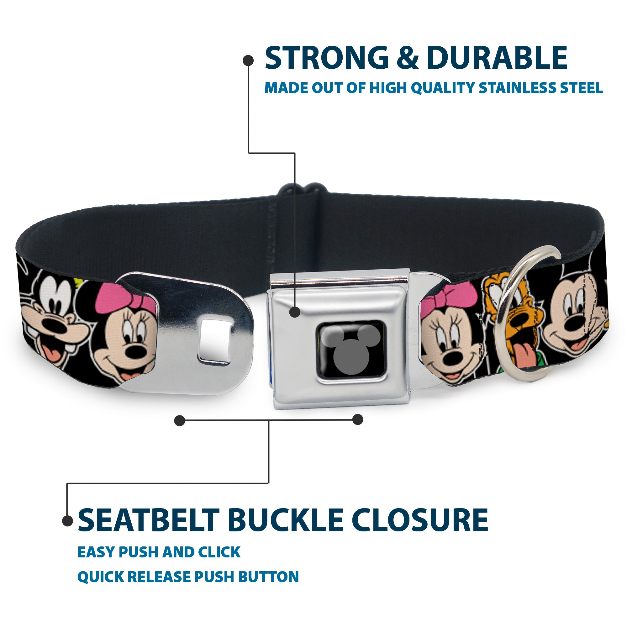 Mickey Silhouette Black Silver Seatbelt Buckle Collar - Classic Disney Character Faces Black Seatbelt Buckle Collars Disney