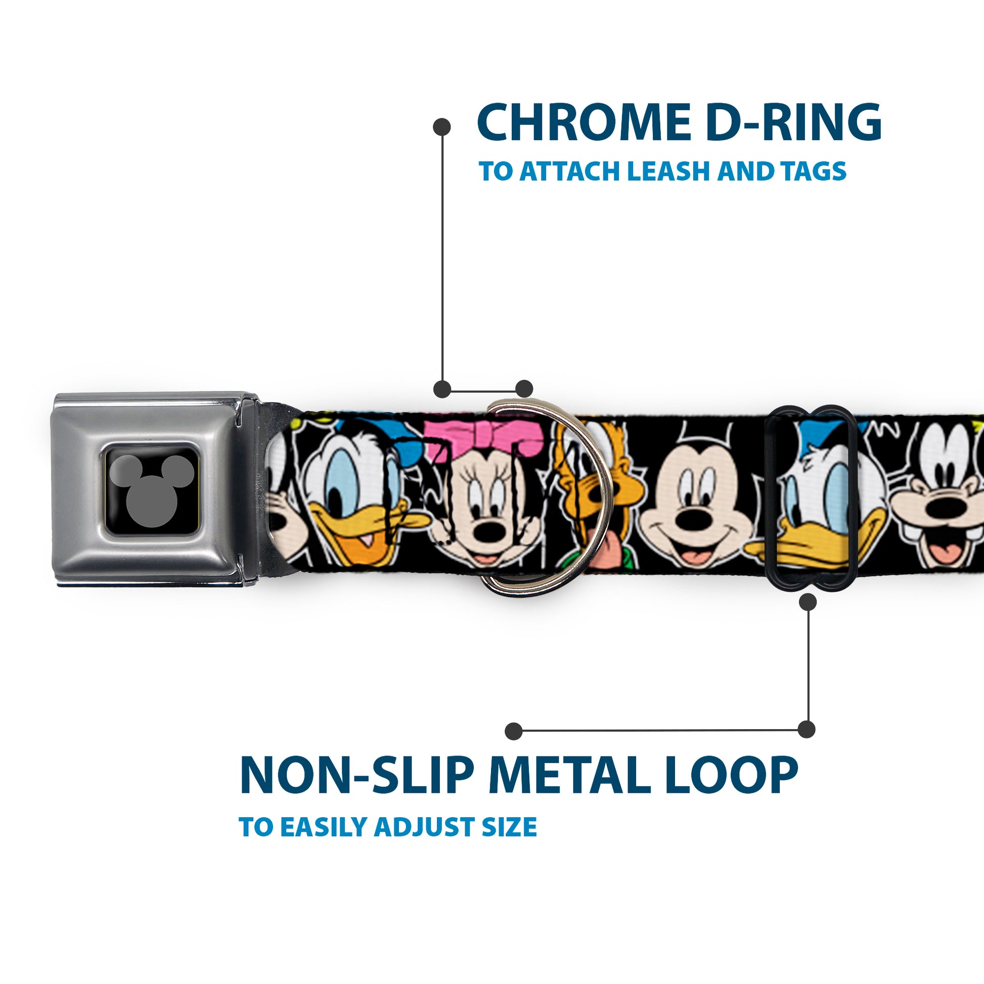 Mickey Silhouette Black Silver Seatbelt Buckle Collar - Classic Disney Character Faces Black Seatbelt Buckle Collars Disney