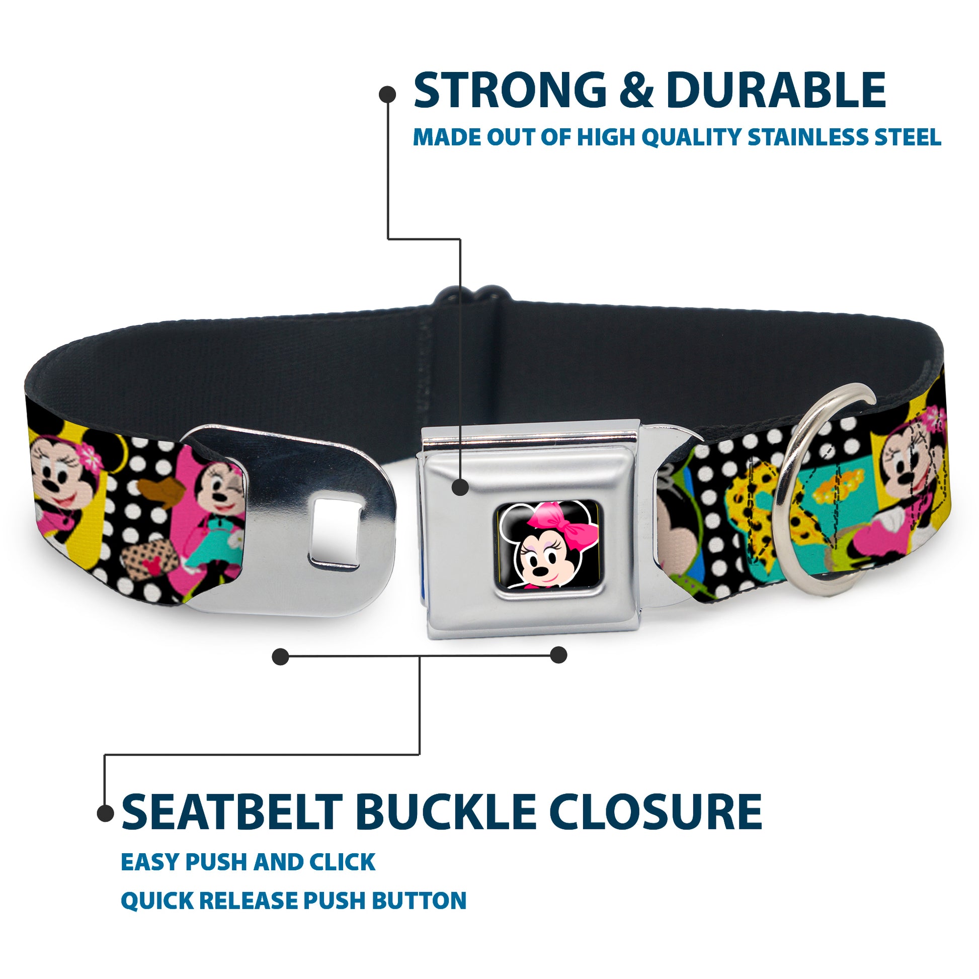 Mini Minnie Mouse Face CLOSE-UP Full Color Black Seatbelt Buckle Collar - Mini Minnie Fashion Poses/Polka Dot Black/White/Multi Color Seatbelt Buckle Collars Disney
