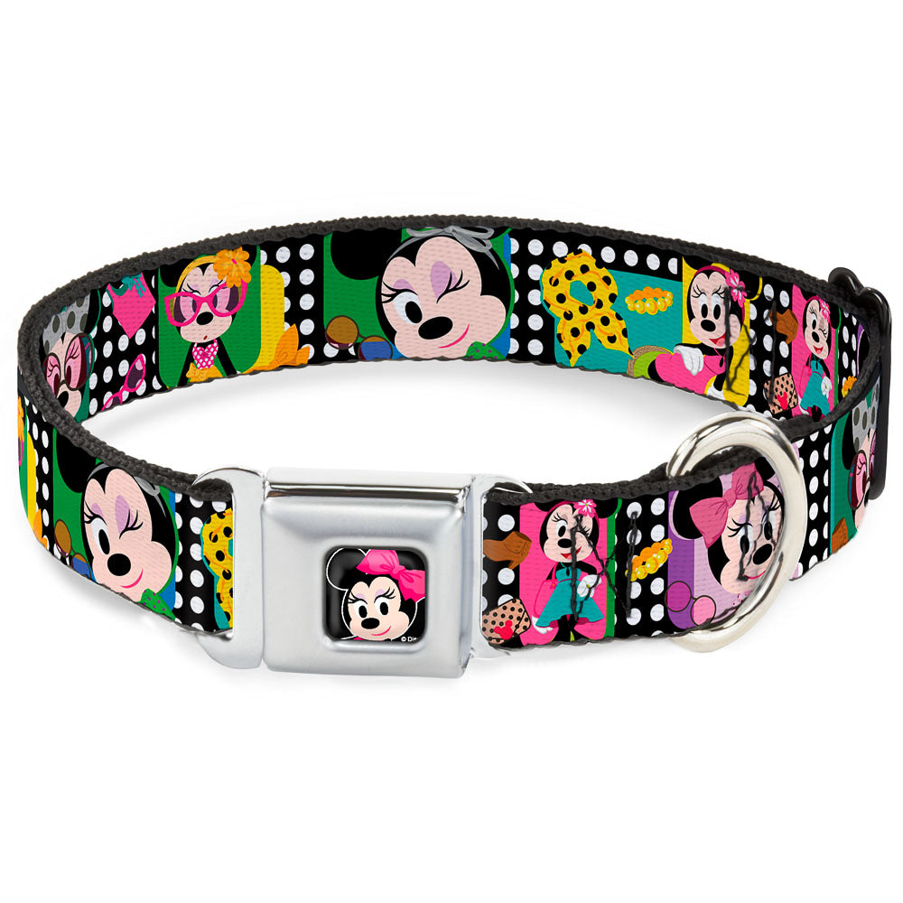Mini Minnie Mouse Face CLOSE-UP Full Color Black Seatbelt Buckle Collar - Mini Minnie Fashion Poses/Polka Dot Black/White/Multi Color Seatbelt Buckle Collars Disney