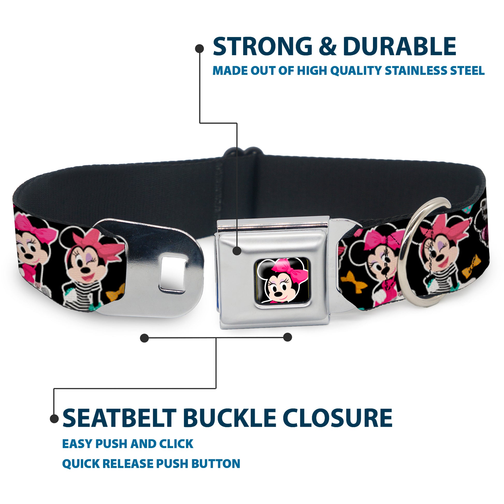 Mini Minnie Mouse Face CLOSE-UP Full Color Black Seatbelt Buckle Collar - Mini Minnie Expressions/Bows Black/Multi Color Seatbelt Buckle Collars Disney