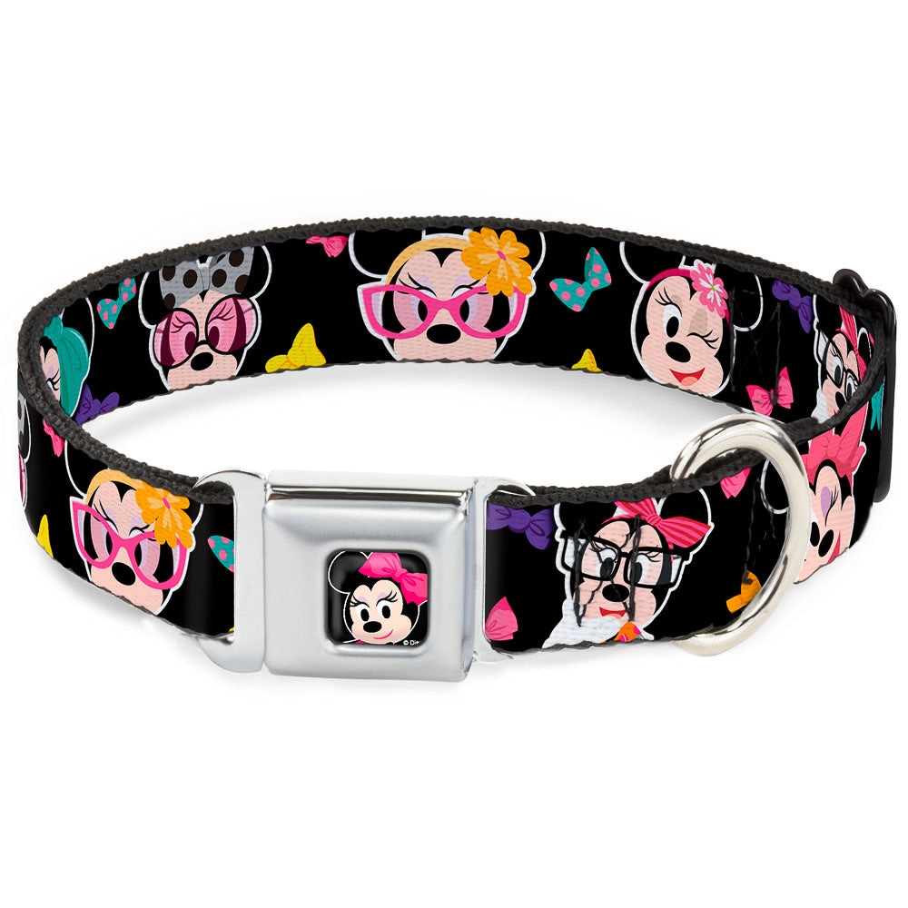Mini Minnie Mouse Face CLOSE-UP Full Color Black Seatbelt Buckle Collar - Mini Minnie Expressions/Bows Black/Multi Color Seatbelt Buckle Collars Disney