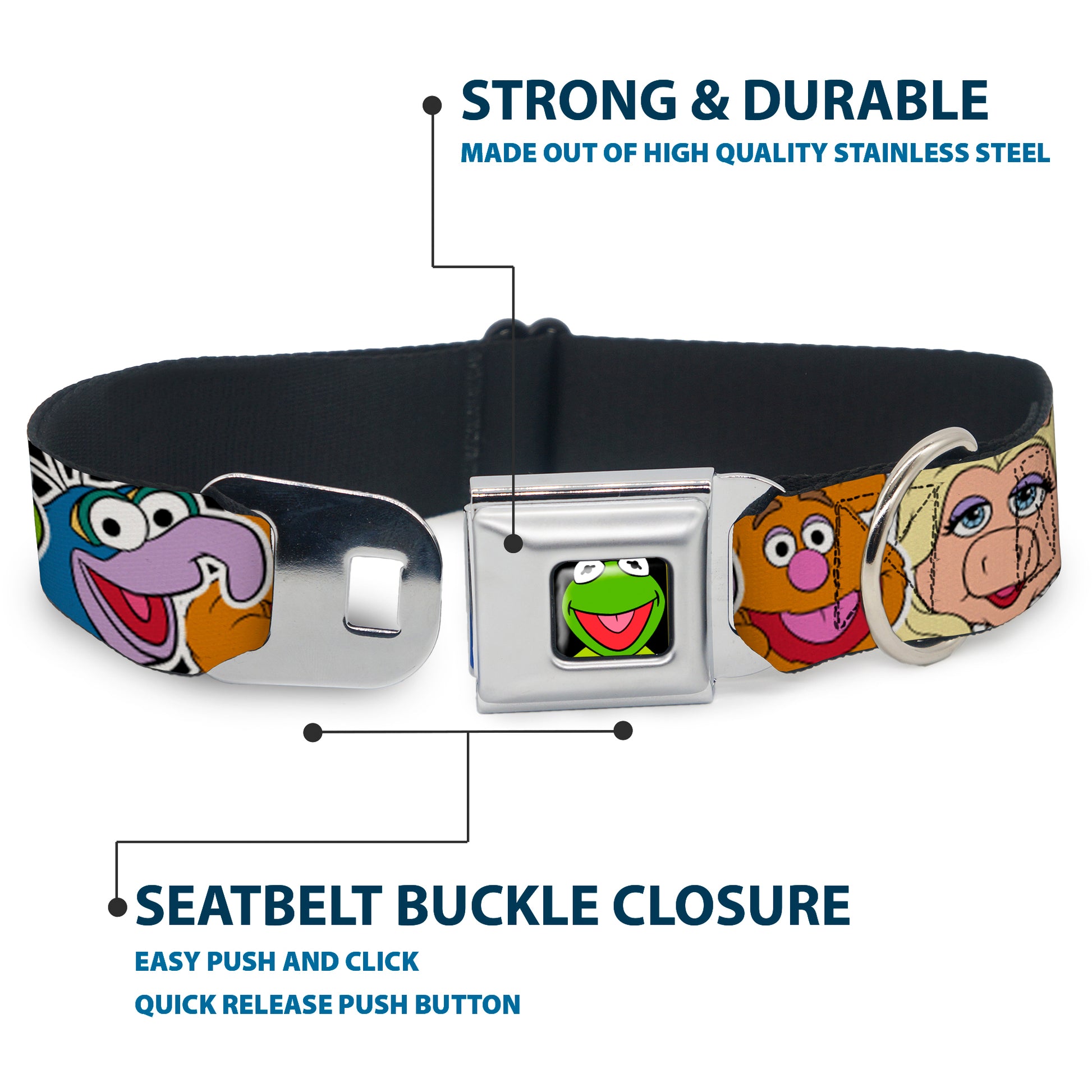 Kermit Face Full Color Black Seatbelt Buckle Collar - Muppets Faces CLOSE-UP Black Seatbelt Buckle Collars Disney