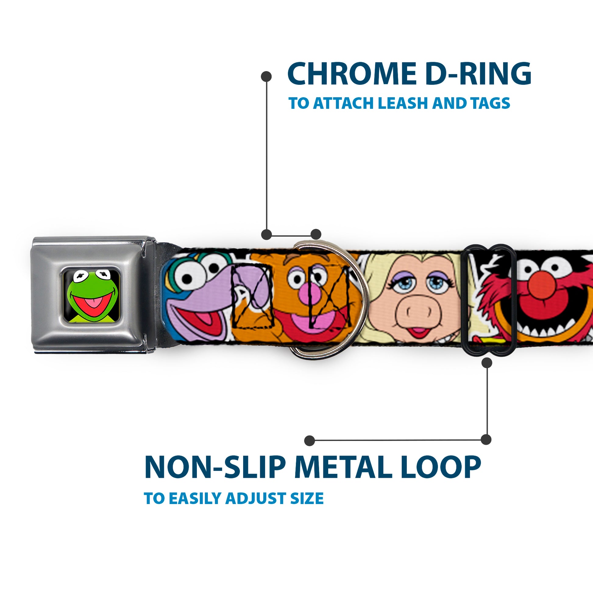 Kermit Face Full Color Black Seatbelt Buckle Collar - Muppets Faces CLOSE-UP Black Seatbelt Buckle Collars Disney