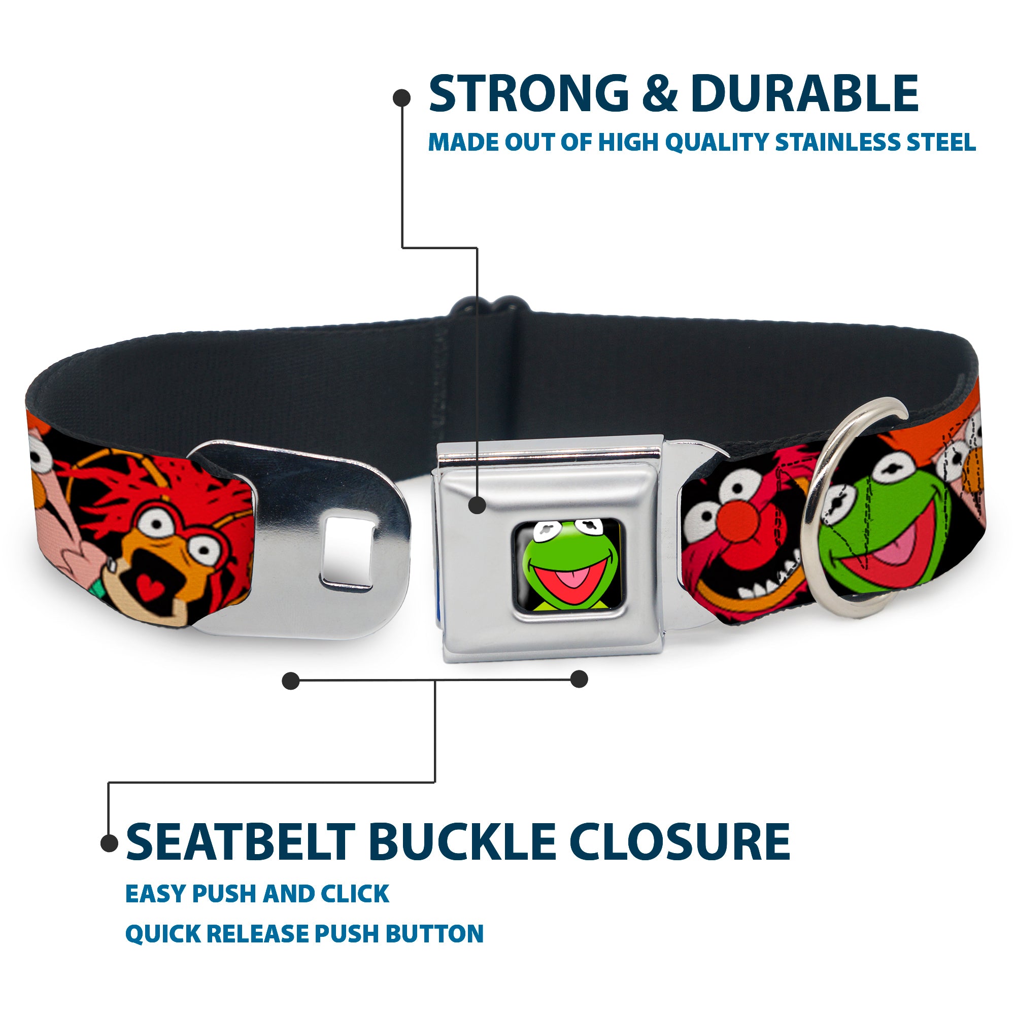 Kermit Face Full Color Black Seatbelt Buckle Collar - Muppets Faces Black Seatbelt Buckle Collars Disney