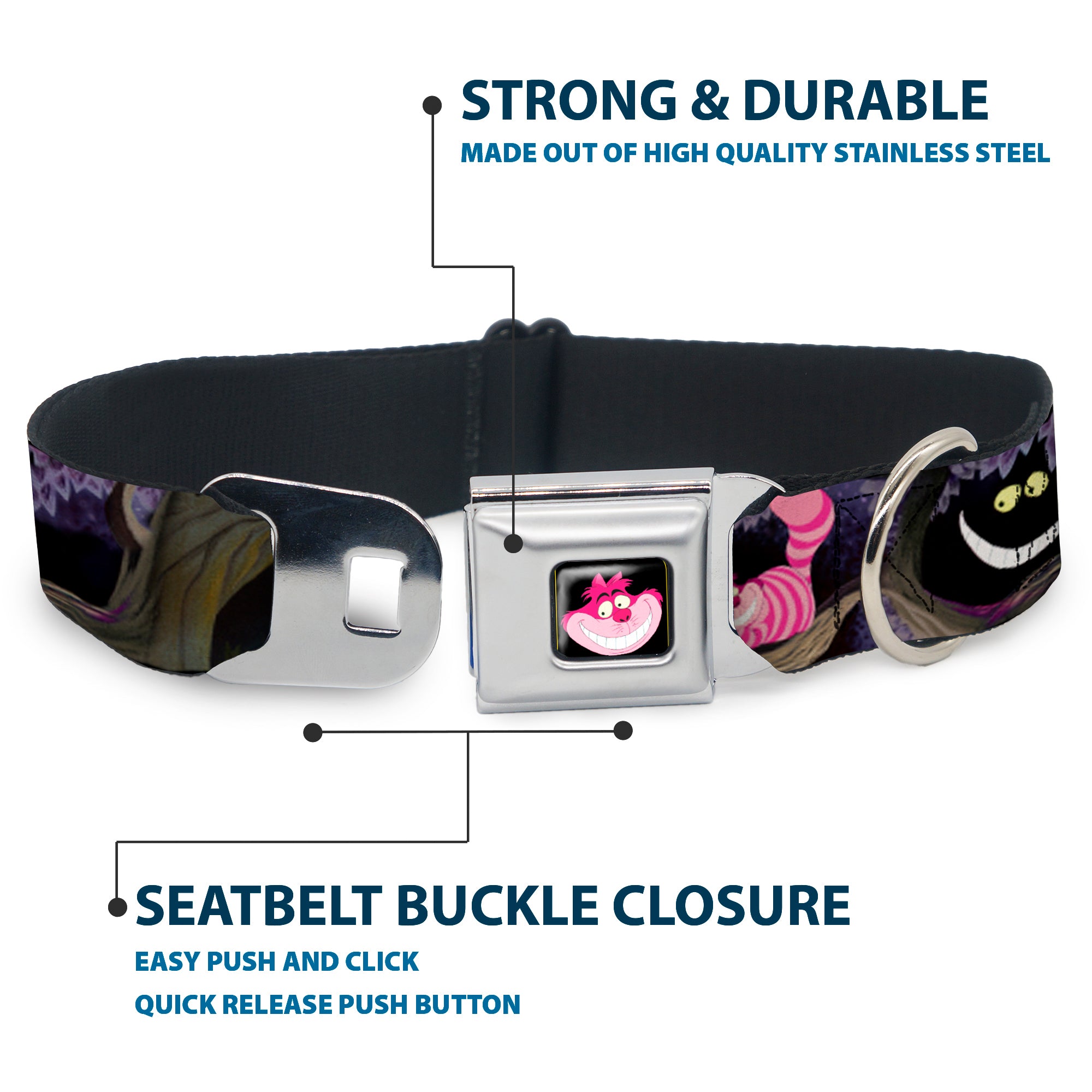Cheshire Cat Face Full Color Black Seatbelt Buckle Collar - Alice & the Cheshire Cat Scenes Seatbelt Buckle Collars Disney
