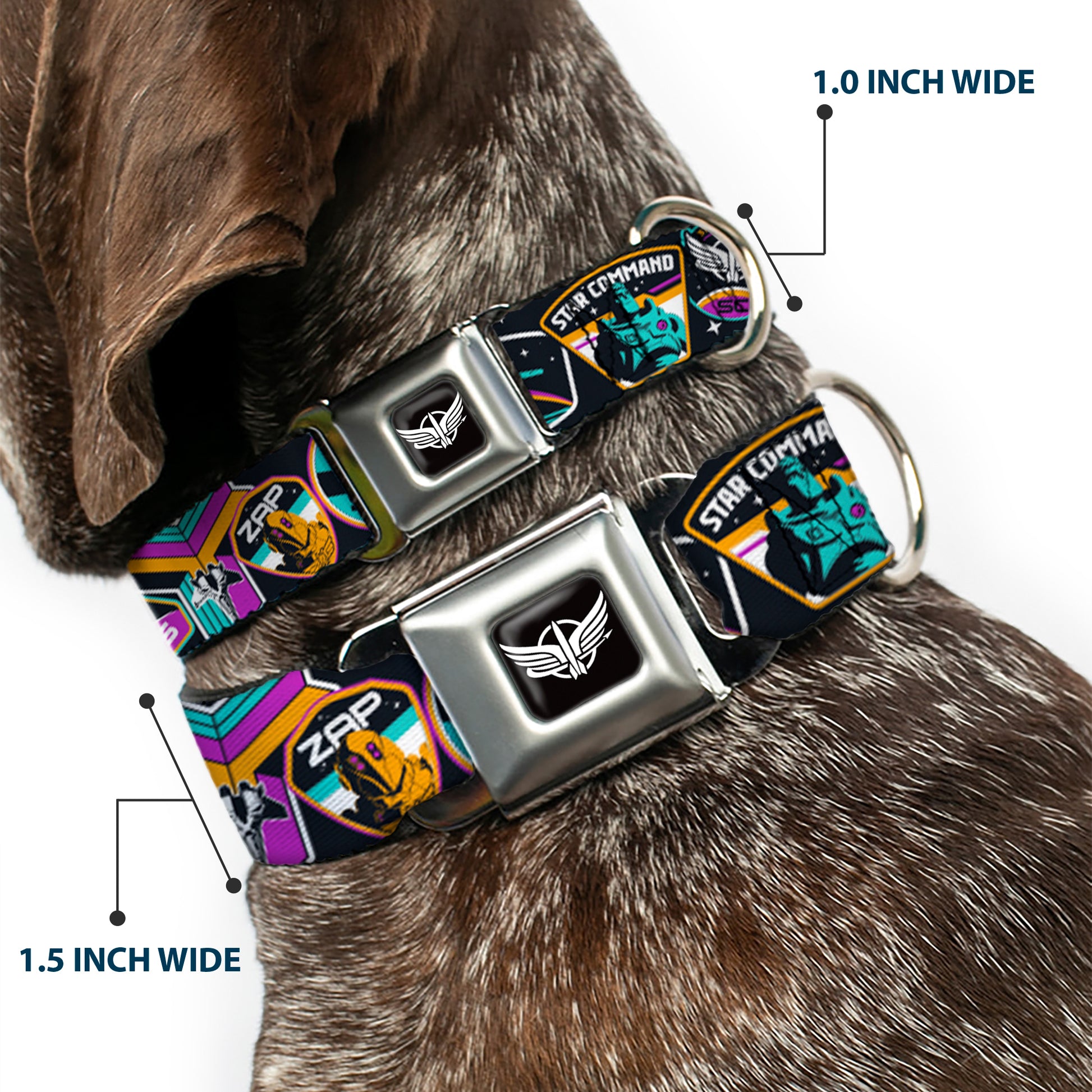 Lightyear Star Command Wings Logo Full Color Black/White Seatbelt Buckle Collar - Lightyear Mission Patches Collage Black/Multi Color Seatbelt Buckle Collars Disney