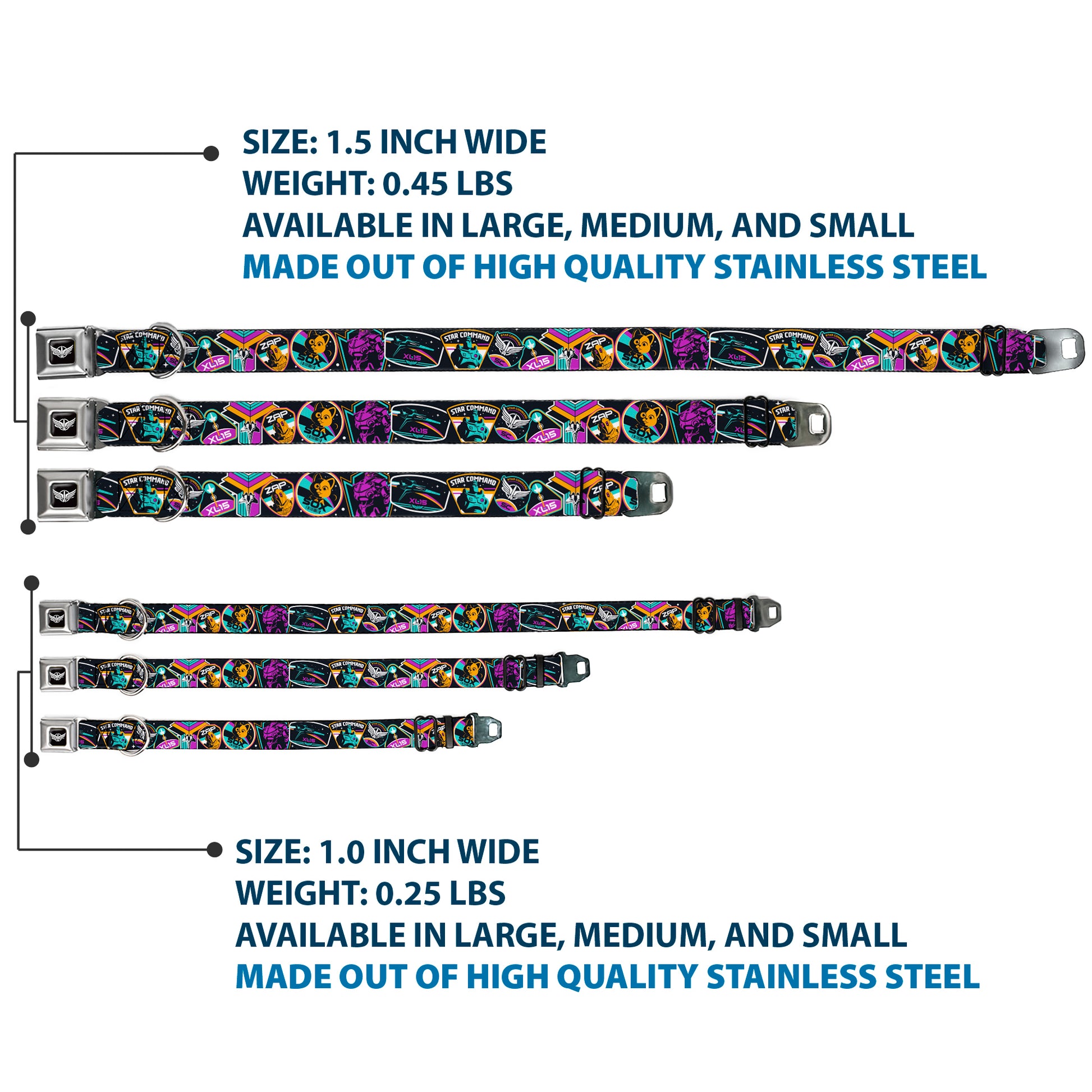 Lightyear Star Command Wings Logo Full Color Black/White Seatbelt Buckle Collar - Lightyear Mission Patches Collage Black/Multi Color Seatbelt Buckle Collars Disney