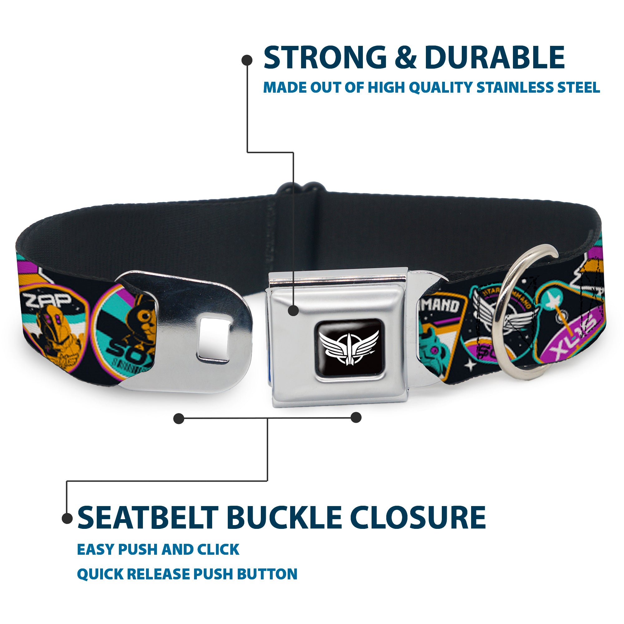 Lightyear Star Command Wings Logo Full Color Black/White Seatbelt Buckle Collar - Lightyear Mission Patches Collage Black/Multi Color Seatbelt Buckle Collars Disney