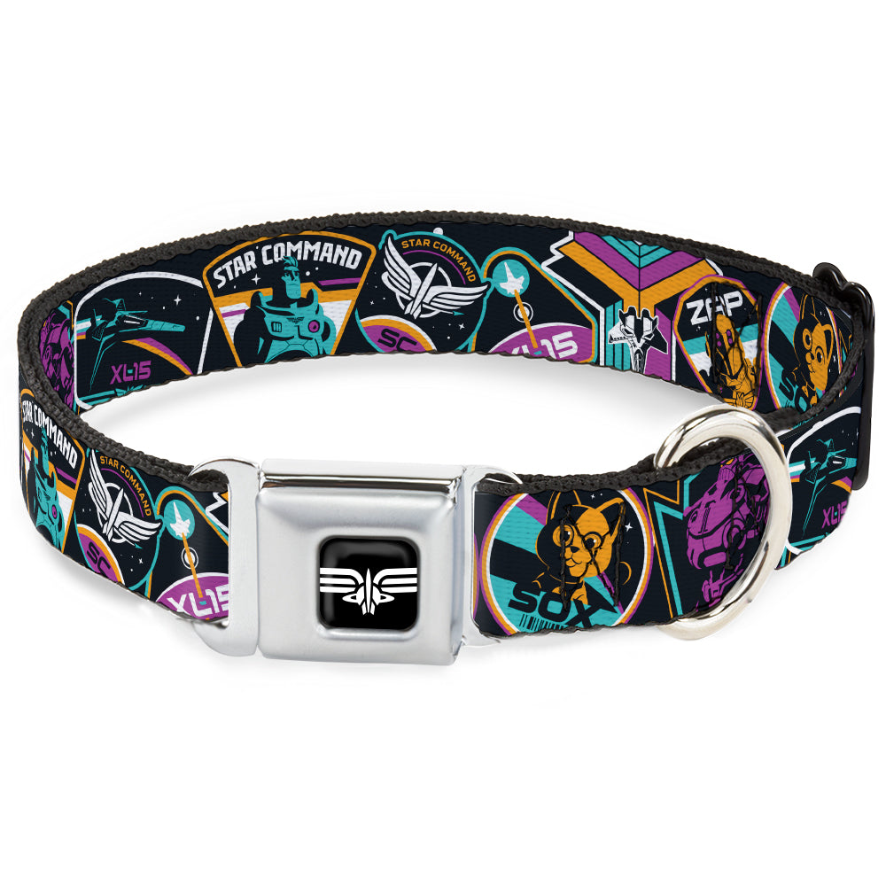 Lightyear Star Command Wings Logo Full Color Black/White Seatbelt Buckle Collar - Lightyear Mission Patches Collage Black/Multi Color Seatbelt Buckle Collars Disney