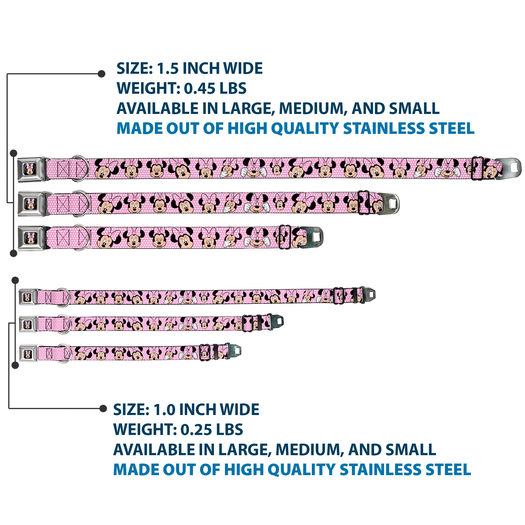 Minnie Mouse Full Color Face Pink Polka Dot Black Seatbelt Buckle Collar - Minnie Mouse Expressions Polka Dot Pink/White Seatbelt Buckle Collars Disney