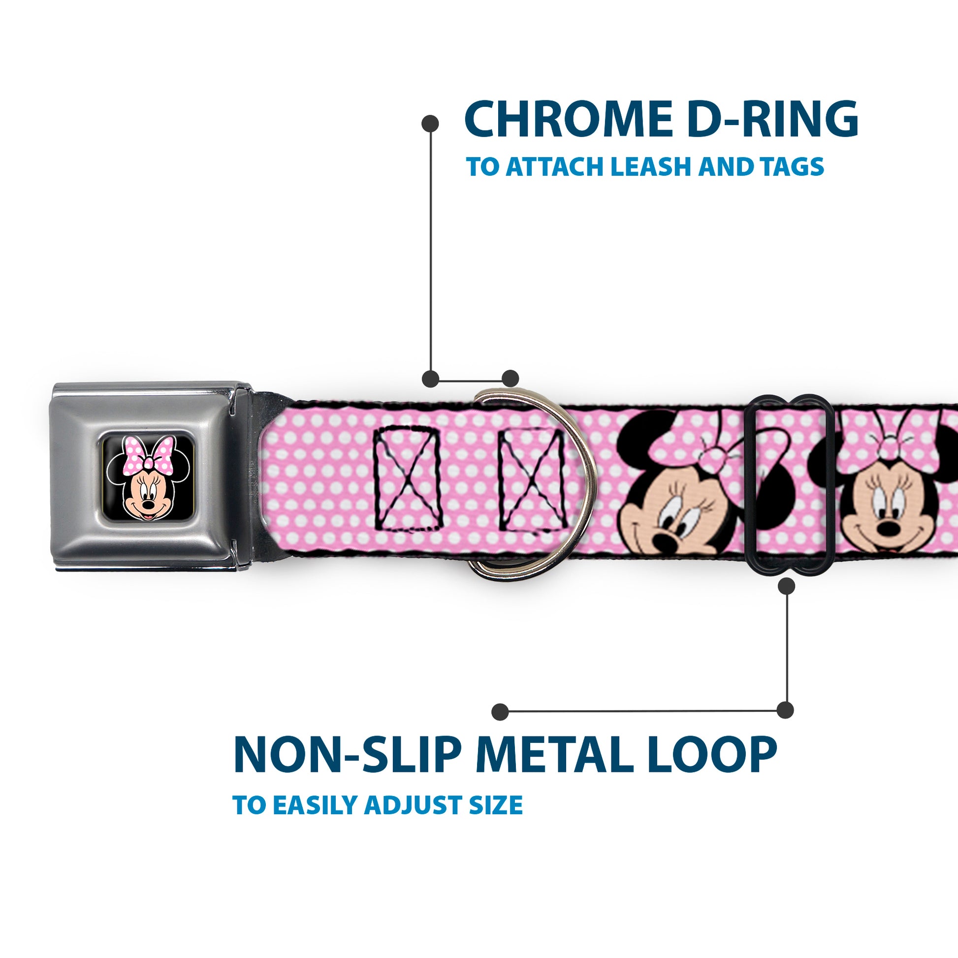 Minnie Mouse Full Color Face Pink Polka Dot Black Seatbelt Buckle Collar - Minnie Mouse Expressions Polka Dot Pink/White Seatbelt Buckle Collars Disney