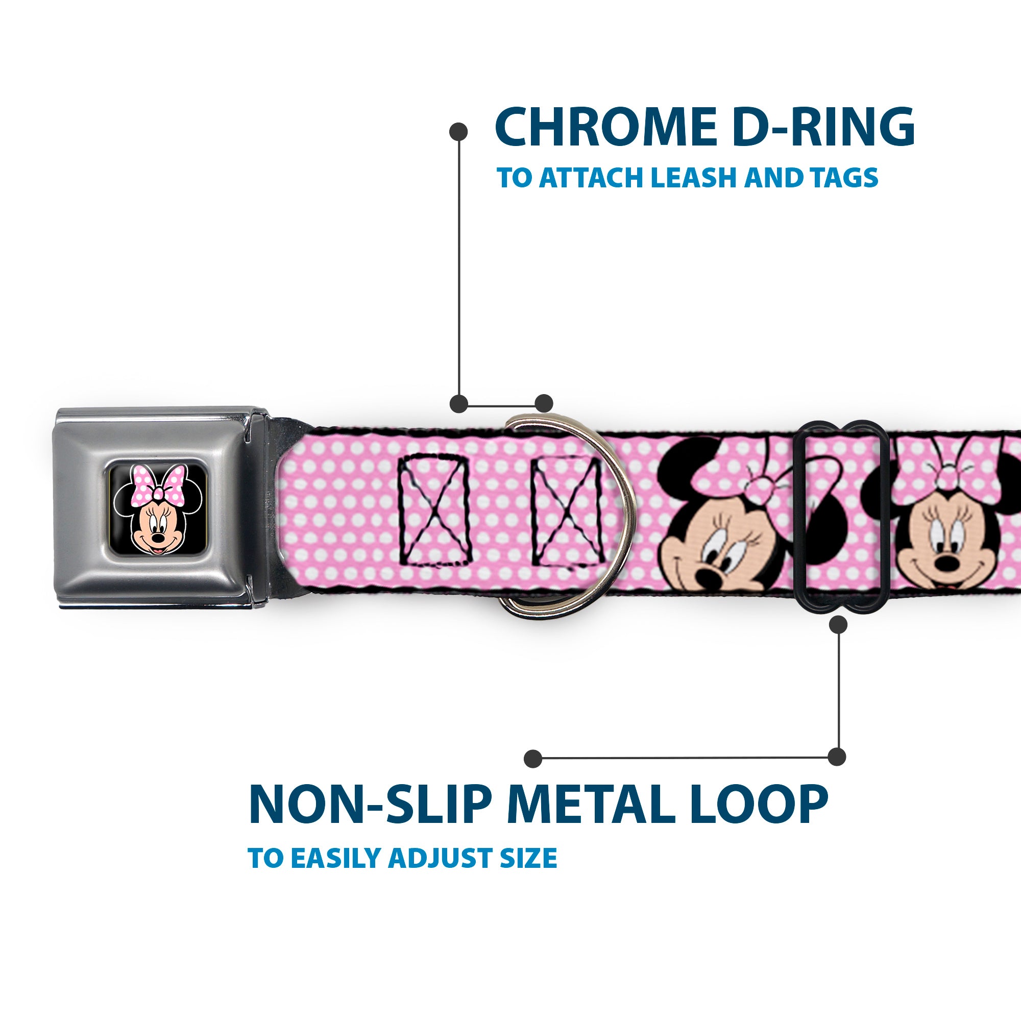 Minnie Mouse Full Color Face Pink Polka Dot Black Seatbelt Buckle Collar - Minnie Mouse Expressions Polka Dot Pink/White Seatbelt Buckle Collars Disney