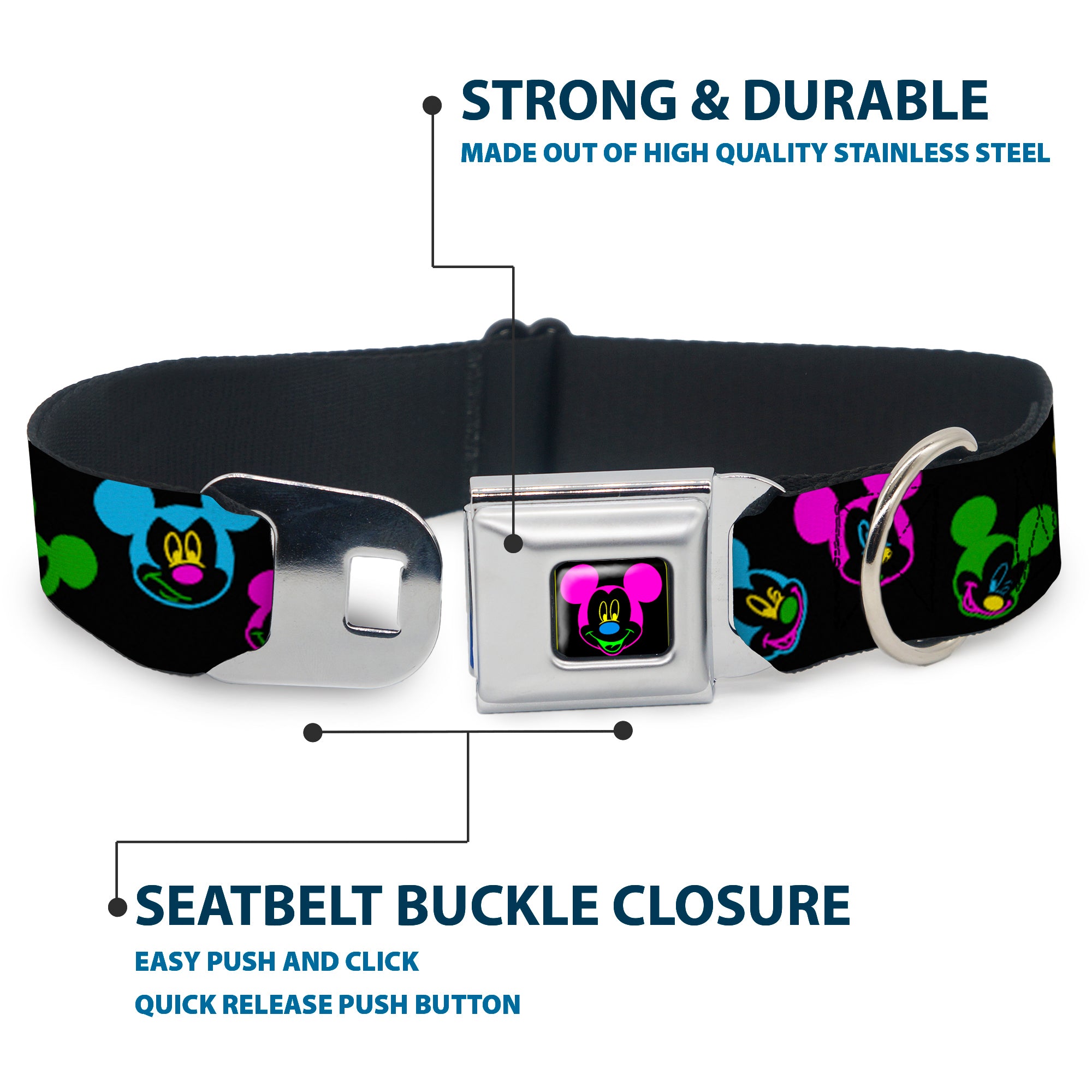 Mickey Mouse Face Full Color Black Multi Neon Seatbelt Buckle Collar - Mickey Mouse Expressions Scattered Black/Multi Neon Seatbelt Buckle Collars Disney