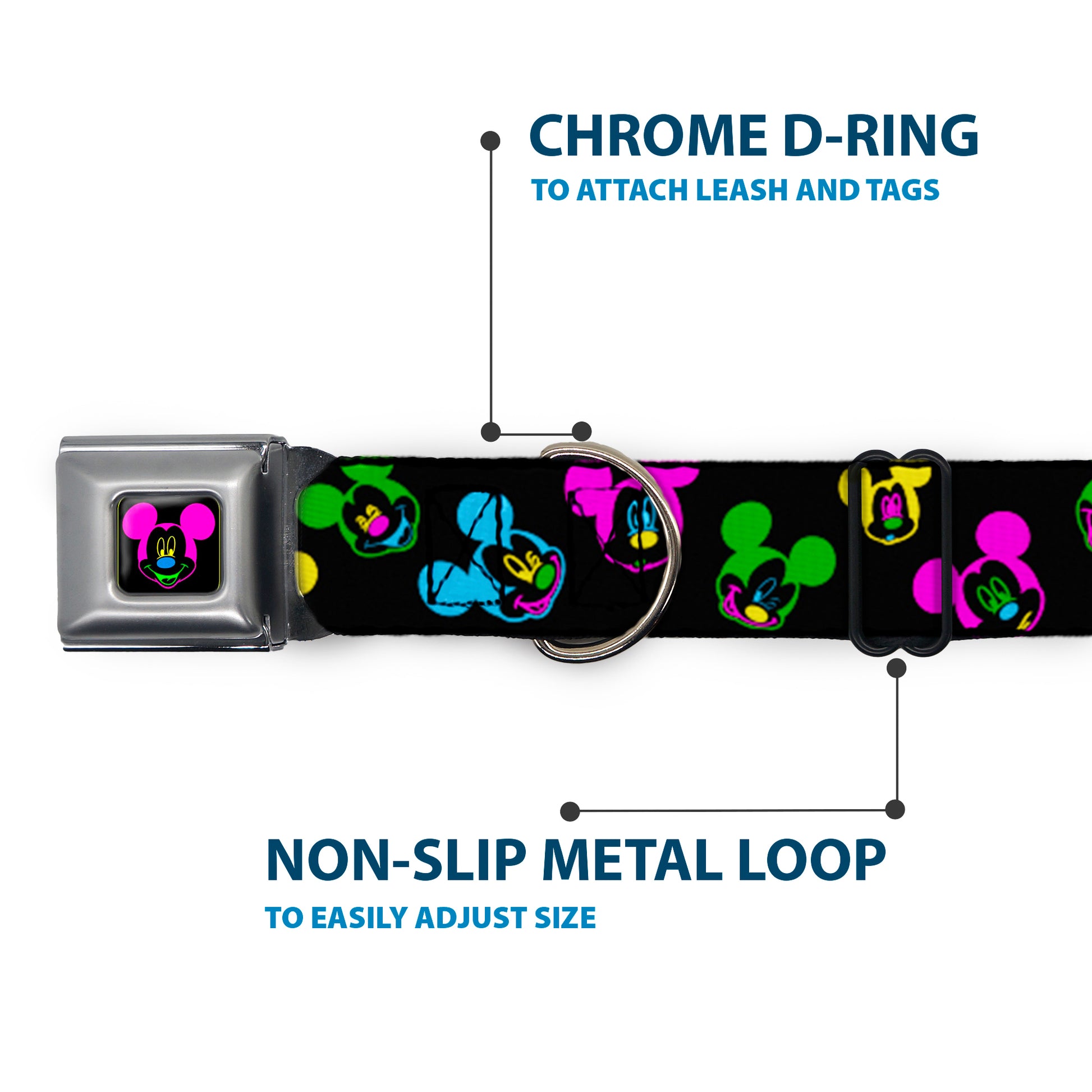 Mickey Mouse Face Full Color Black Multi Neon Seatbelt Buckle Collar - Mickey Mouse Expressions Scattered Black/Multi Neon Seatbelt Buckle Collars Disney