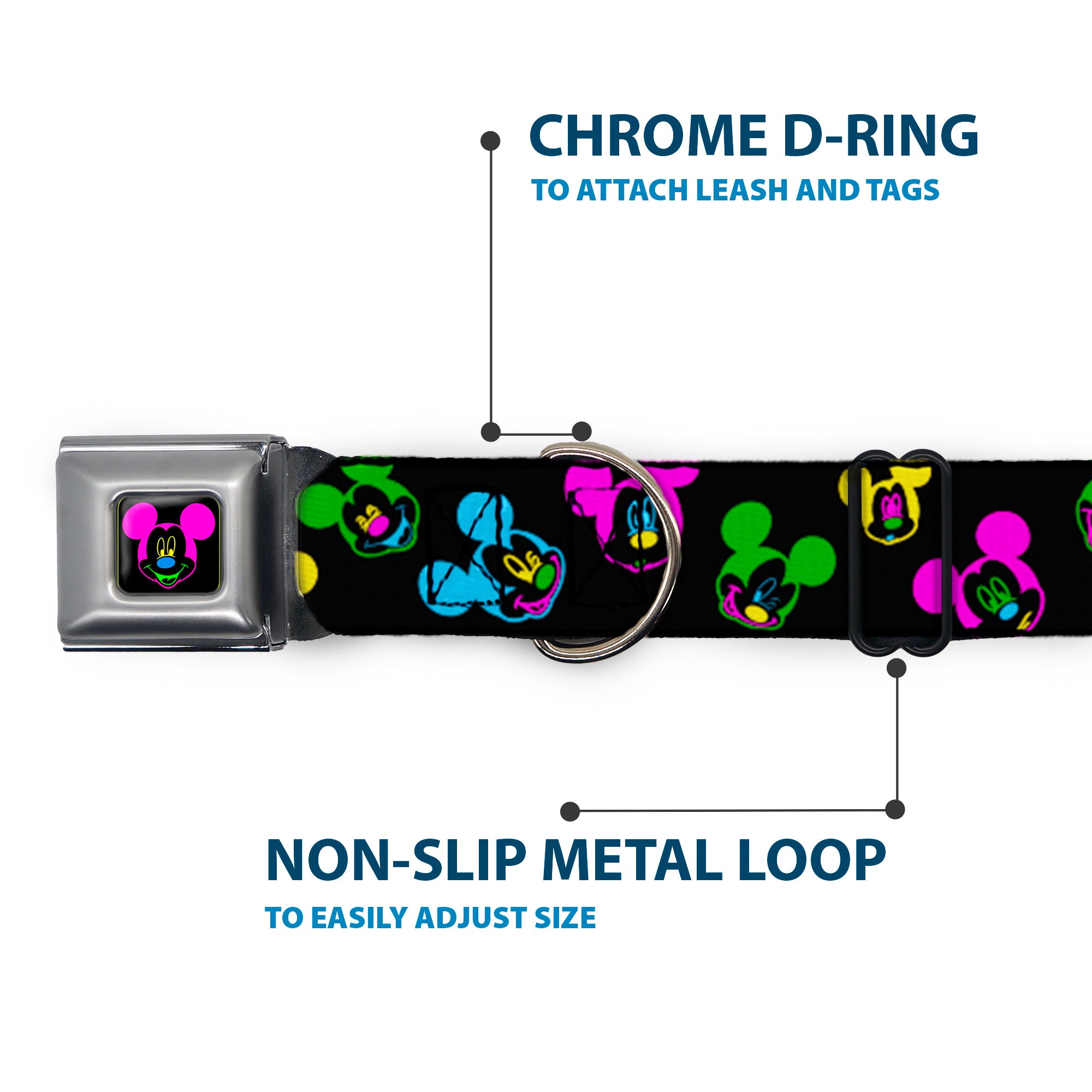 Mickey Mouse Face Full Color Black Multi Neon Seatbelt Buckle Collar - Mickey Mouse Expressions Scattered Black/Multi Neon Seatbelt Buckle Collars Disney