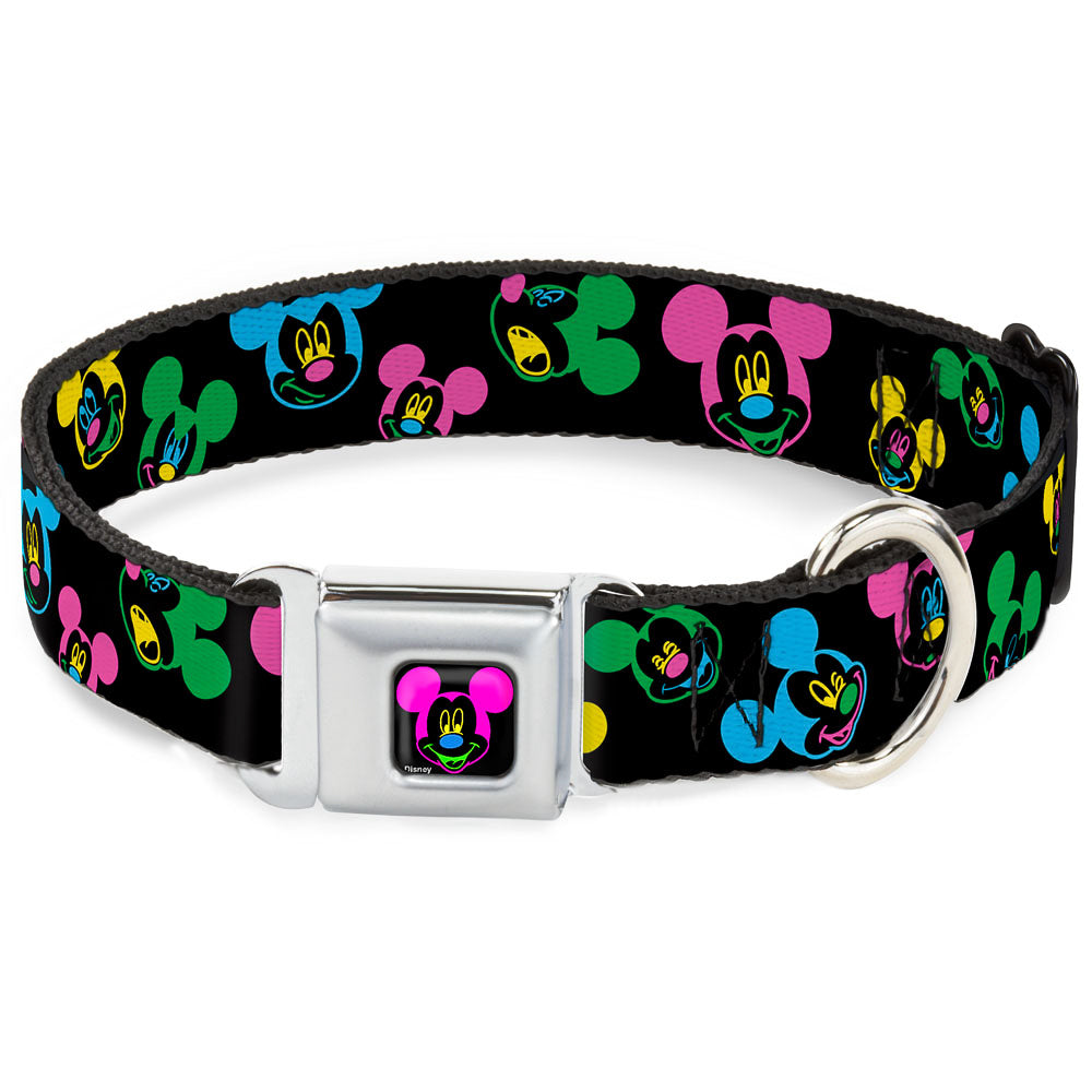 Mickey Mouse Face Full Color Black Multi Neon Seatbelt Buckle Collar - Mickey Mouse Expressions Scattered Black/Multi Neon Seatbelt Buckle Collars Disney