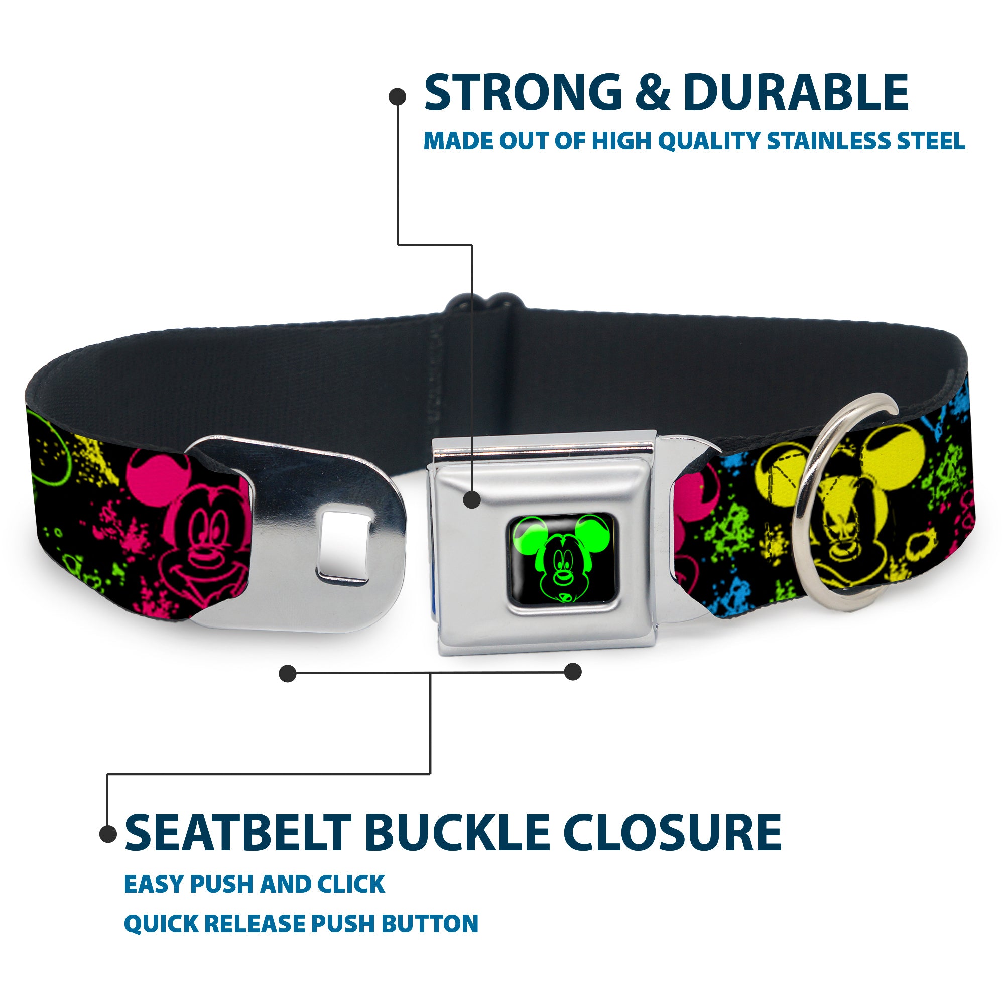 Mickey Mouse Expression1 Full Color Black/Neon Green Seatbelt Buckle Collar - Mickey Expressions/Paint Splatter Black/Multi Neon Seatbelt Buckle Collars Disney