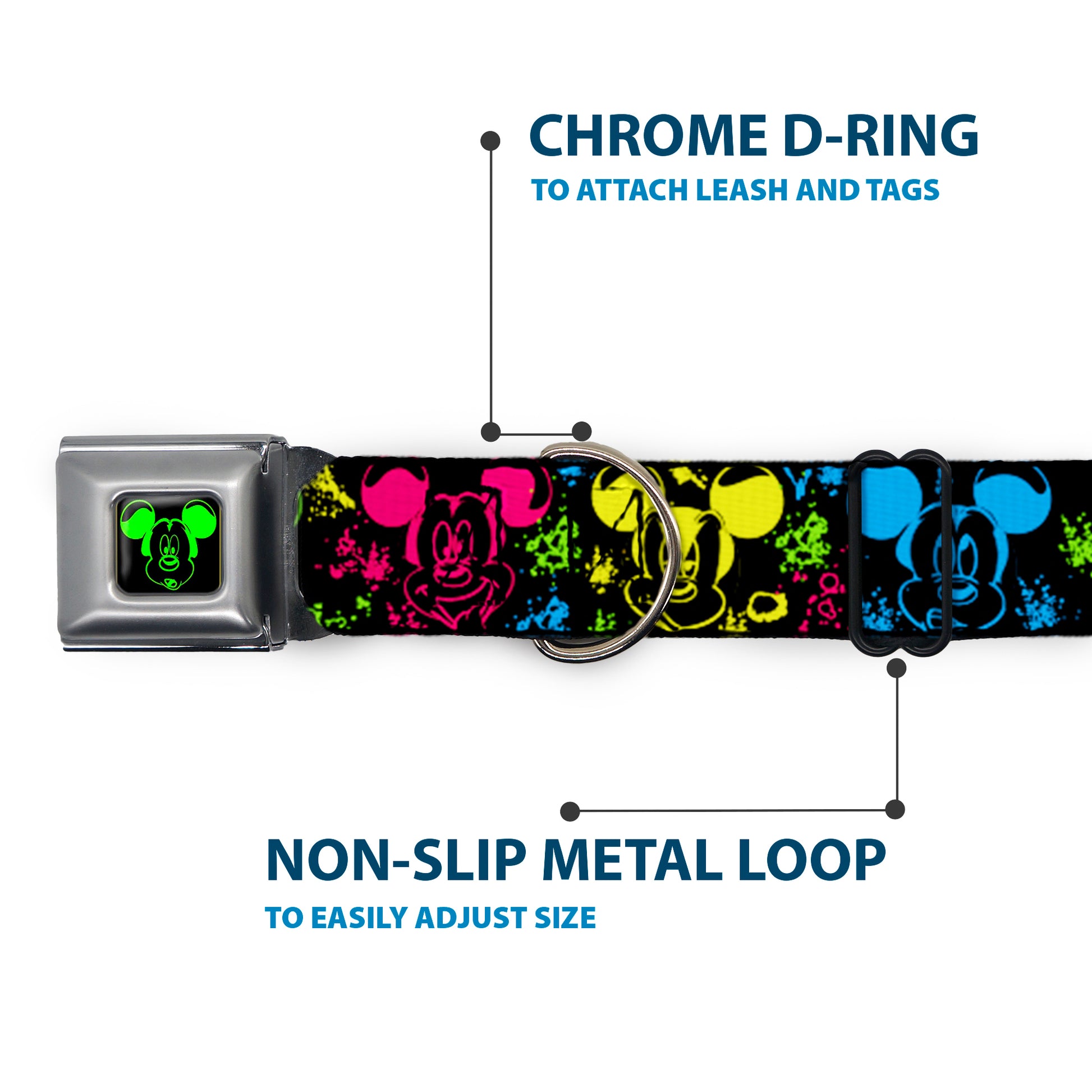 Mickey Mouse Expression1 Full Color Black/Neon Green Seatbelt Buckle Collar - Mickey Expressions/Paint Splatter Black/Multi Neon Seatbelt Buckle Collars Disney