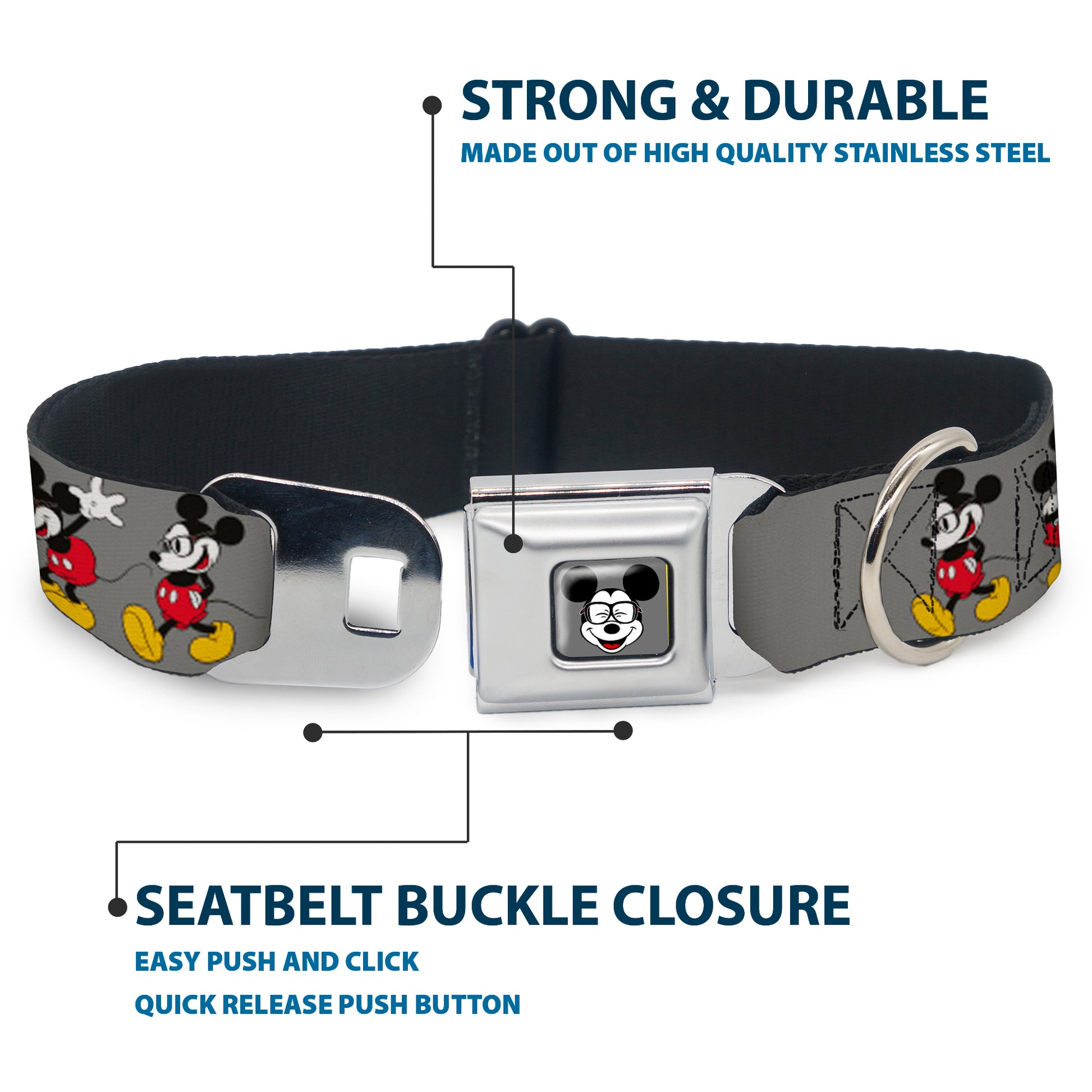 Mickey Mouse w Glasses Full Color Gray Seatbelt Buckle Collar - Mickey Mouse w/Glasses Poses Gray Seatbelt Buckle Collars Disney