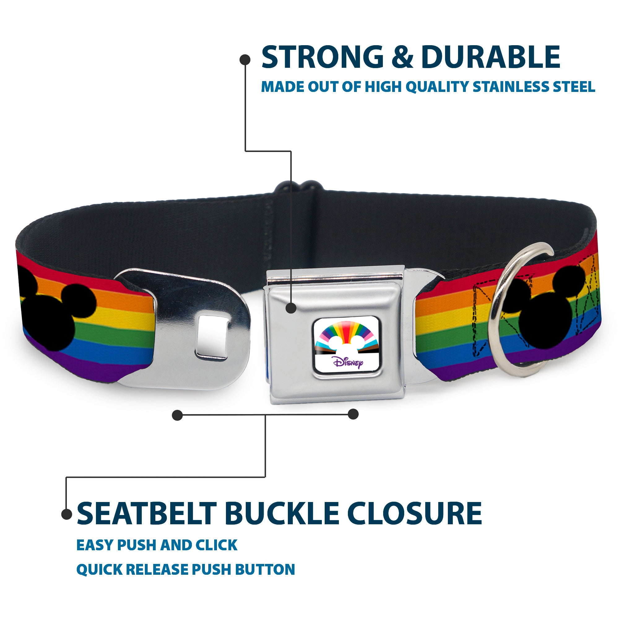 DISNEY Mickey Mouse Pride Ears Icon Full Color White/Multi Color Seatbelt Buckle Collar - Mickey Mouse Ears Icon Rainbow Pride Flag Seatbelt Buckle Collars Disney