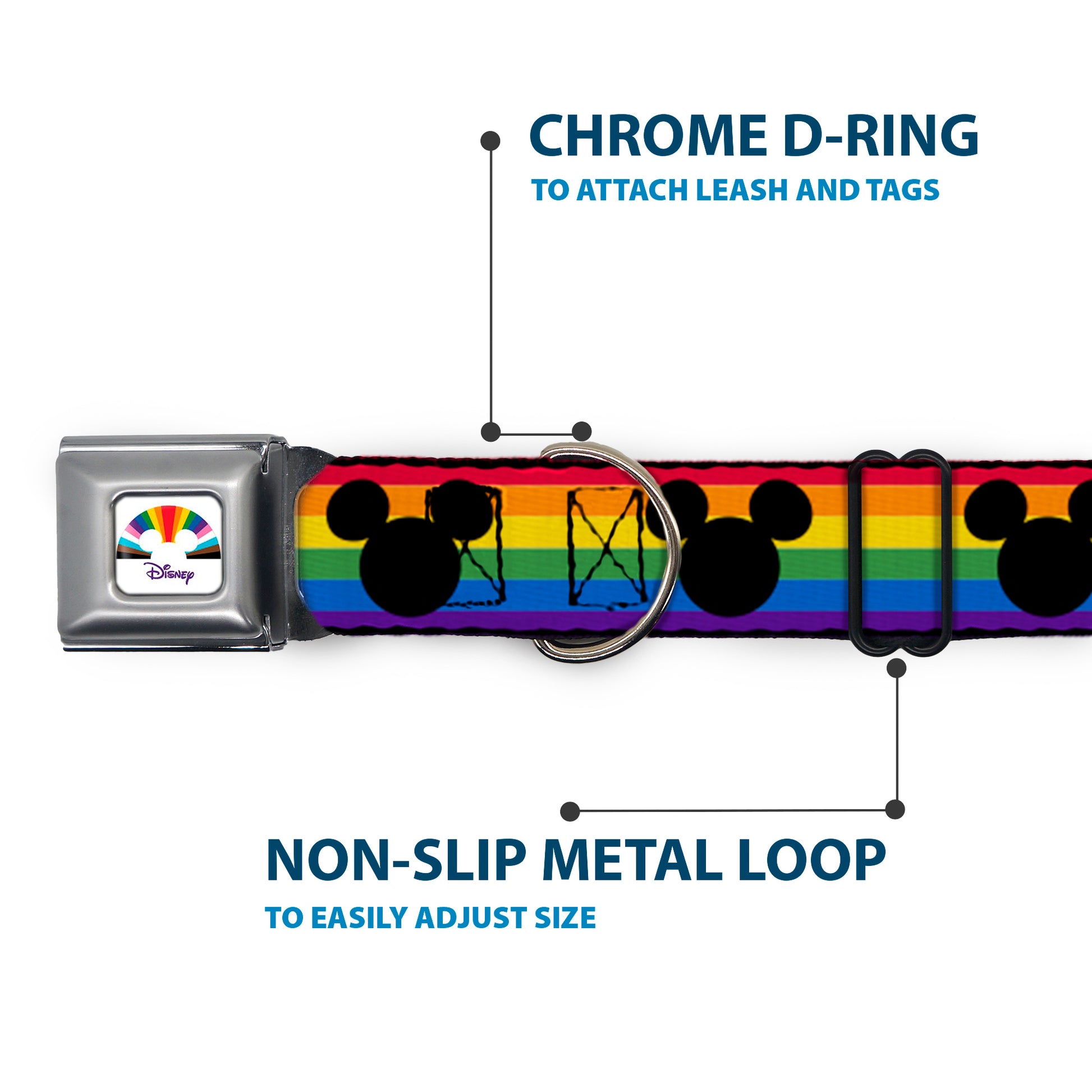 DISNEY Mickey Mouse Pride Ears Icon Full Color White/Multi Color Seatbelt Buckle Collar - Mickey Mouse Ears Icon Rainbow Pride Flag Seatbelt Buckle Collars Disney