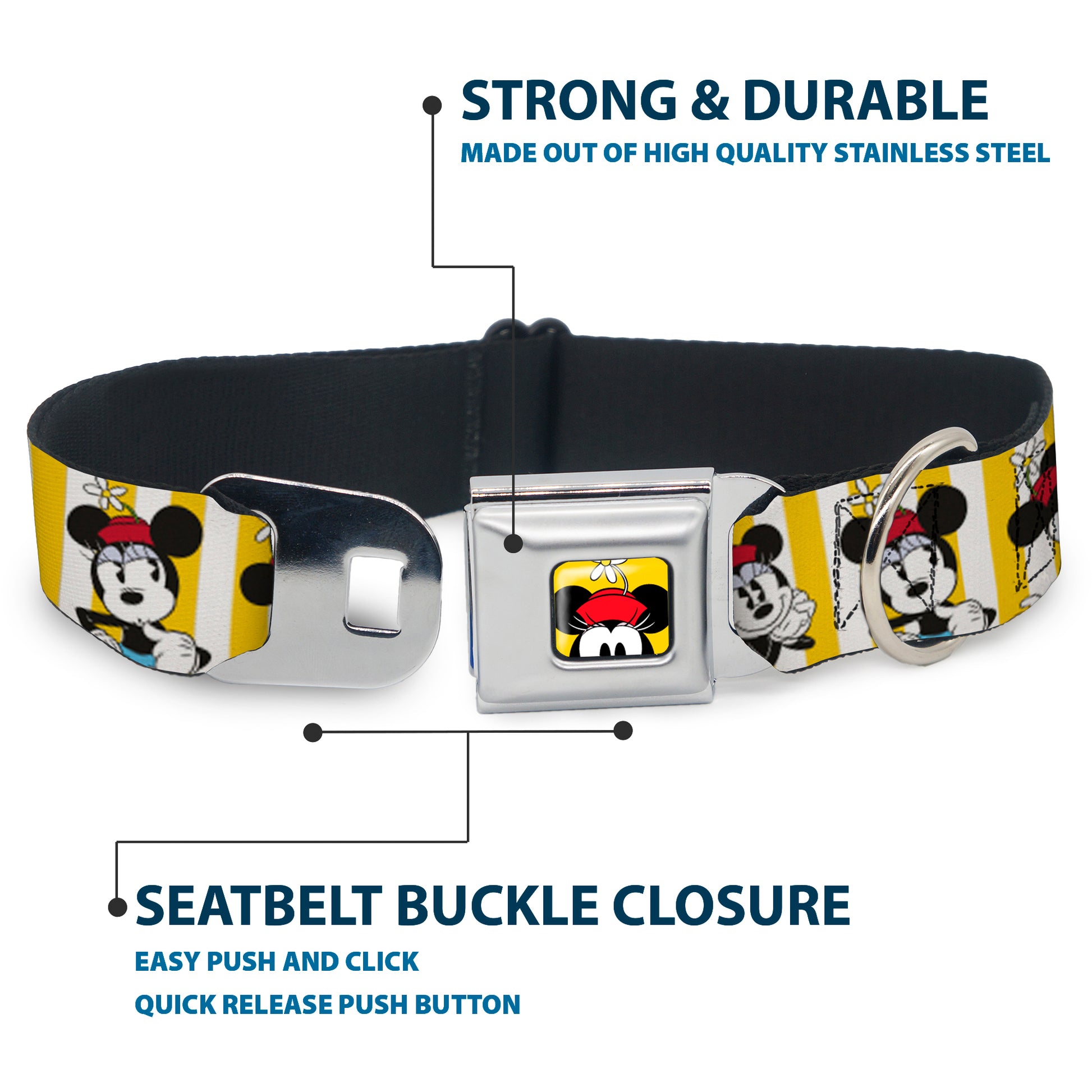 Minnie Mouse w Hat CLOSE-UP Full Color Yellow Seatbelt Buckle Collar - Minnie Mouse w/Hat Poses Stripe Yellow/White Seatbelt Buckle Collars Disney