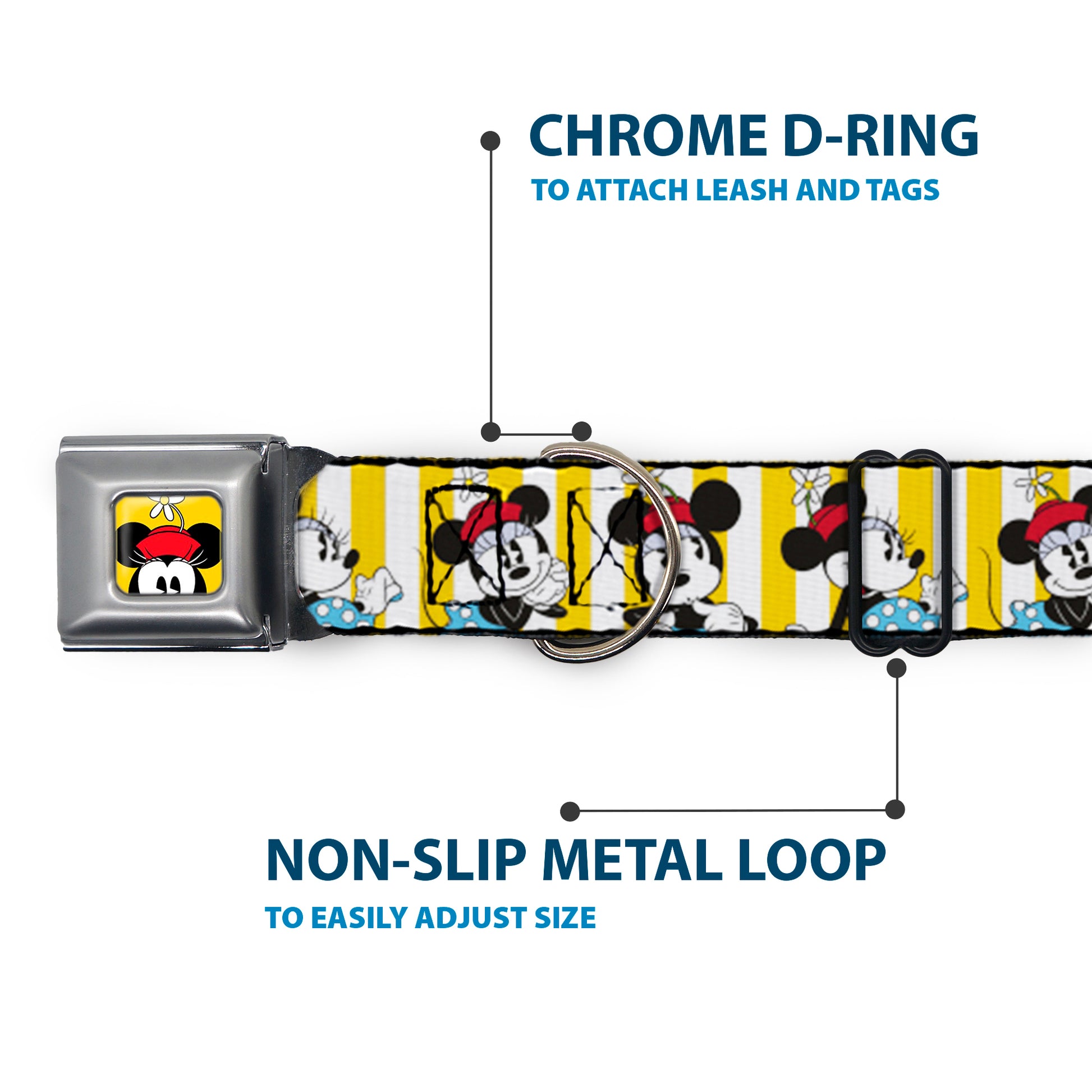 Minnie Mouse w Hat CLOSE-UP Full Color Yellow Seatbelt Buckle Collar - Minnie Mouse w/Hat Poses Stripe Yellow/White Seatbelt Buckle Collars Disney