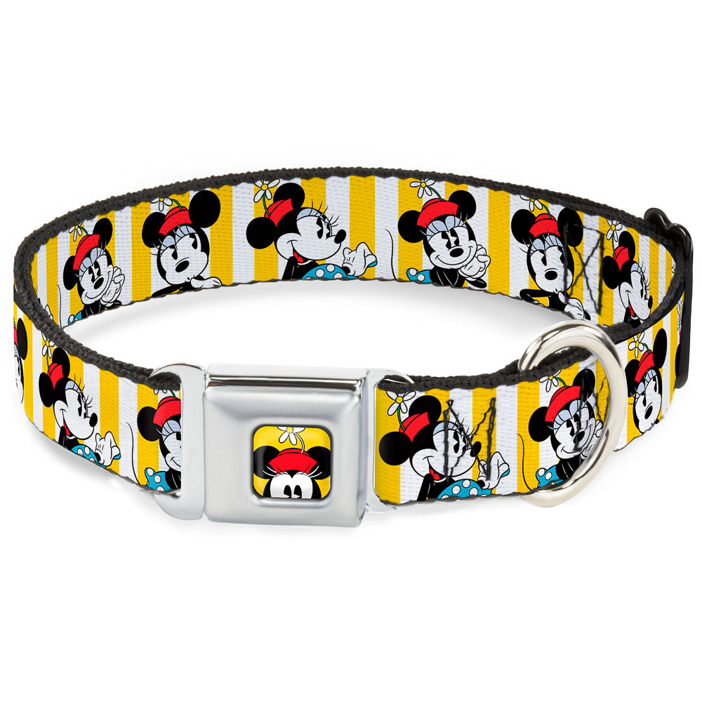 Minnie Mouse w Hat CLOSE-UP Full Color Yellow Seatbelt Buckle Collar - Minnie Mouse w/Hat Poses Stripe Yellow/White Seatbelt Buckle Collars Disney