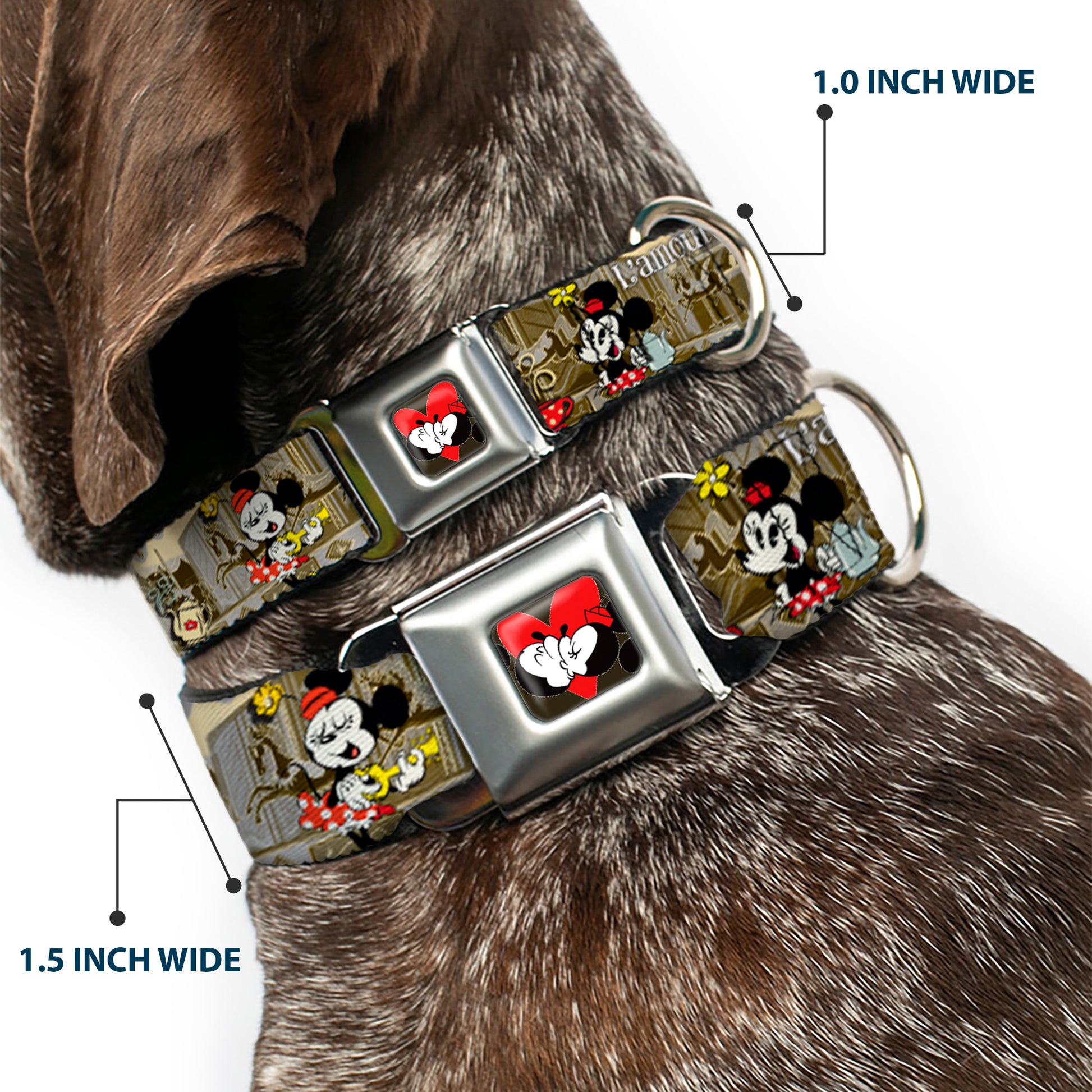 Mickey & Minnie Kiss Heart Full Color Gray Seatbelt Buckle Collar - Mickey & Minnie Croissant de Triomphe Scenes Seatbelt Buckle Collars Disney