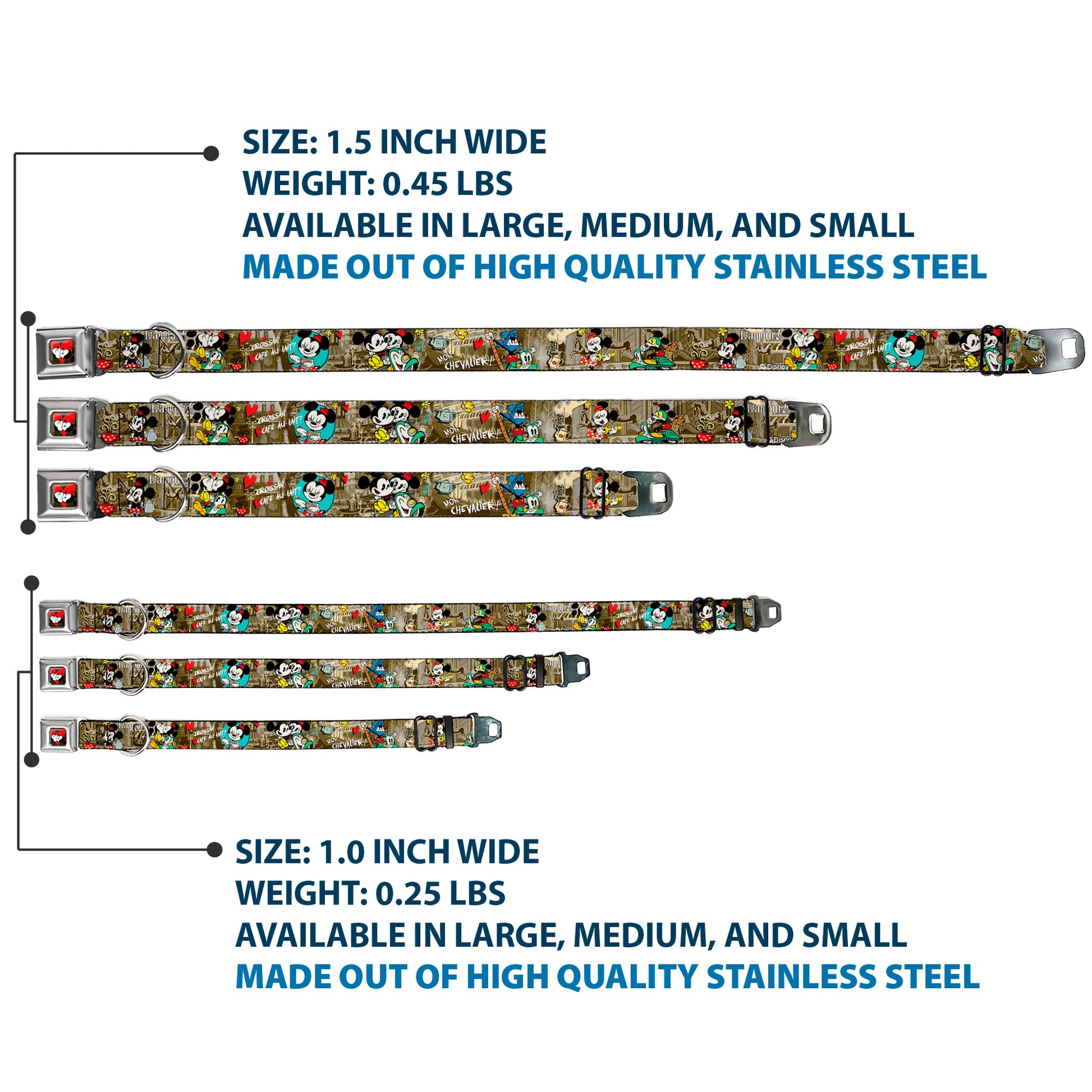 Mickey & Minnie Kiss Heart Full Color Gray Seatbelt Buckle Collar - Mickey & Minnie Croissant de Triomphe Scenes Seatbelt Buckle Collars Disney