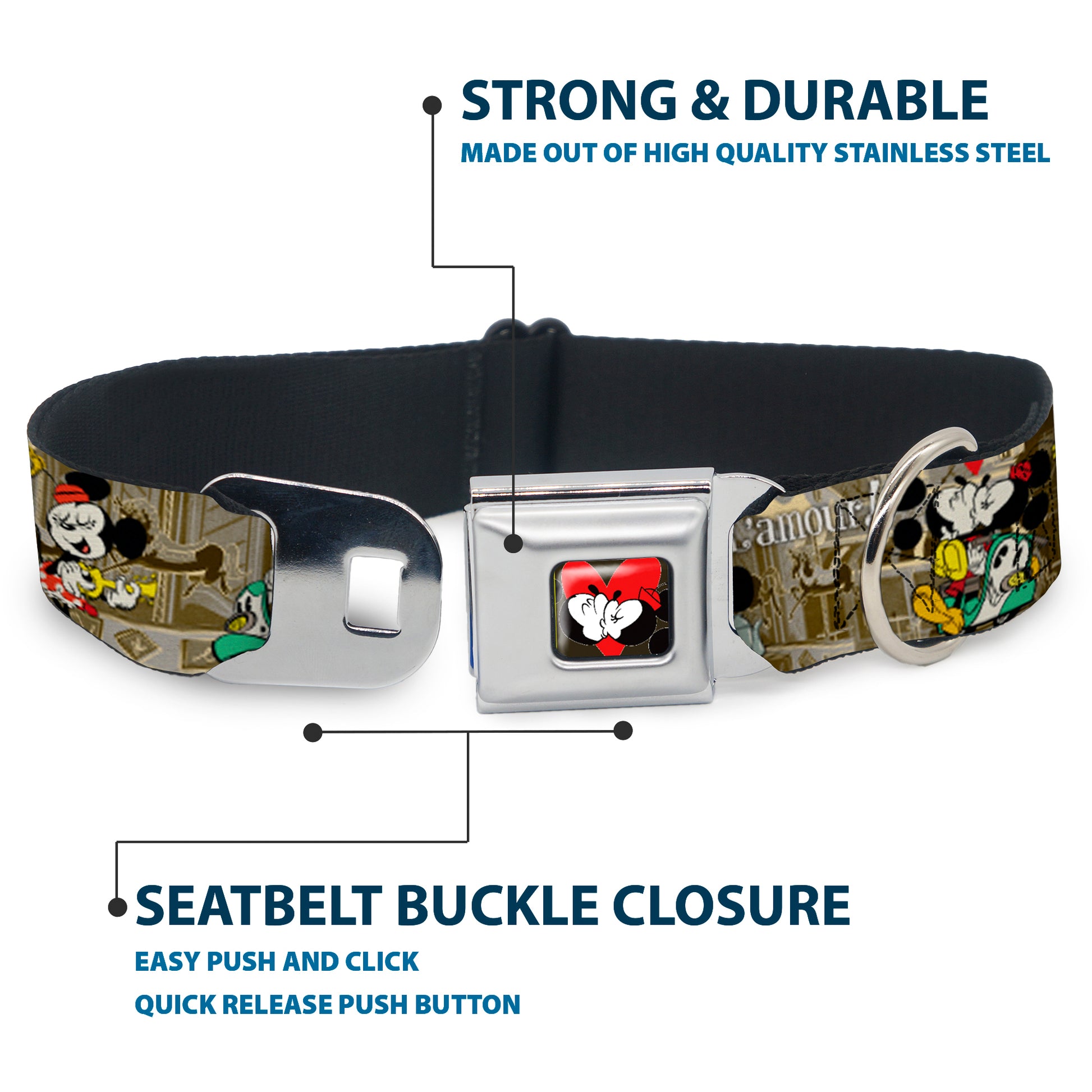 Mickey & Minnie Kiss Heart Full Color Gray Seatbelt Buckle Collar - Mickey & Minnie Croissant de Triomphe Scenes Seatbelt Buckle Collars Disney