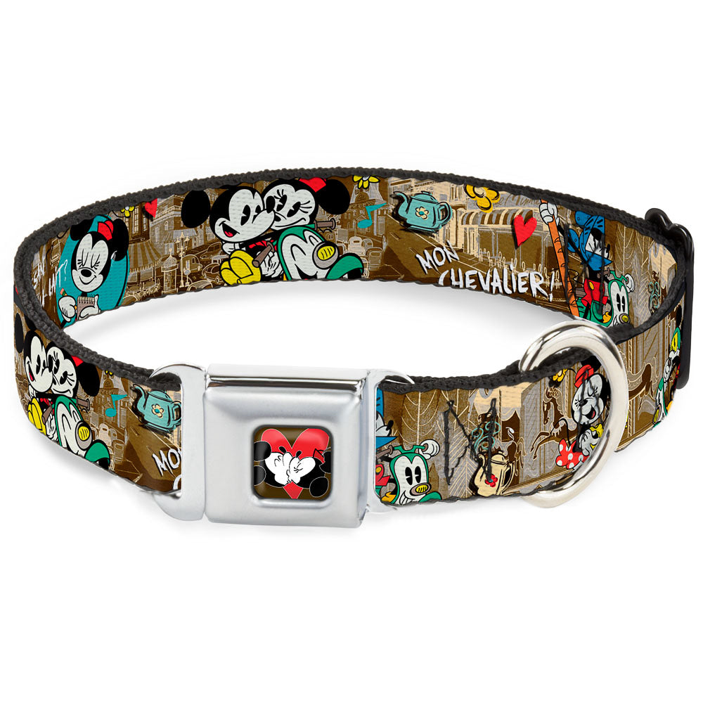 Mickey & Minnie Kiss Heart Full Color Gray Seatbelt Buckle Collar - Mickey & Minnie Croissant de Triomphe Scenes Seatbelt Buckle Collars Disney