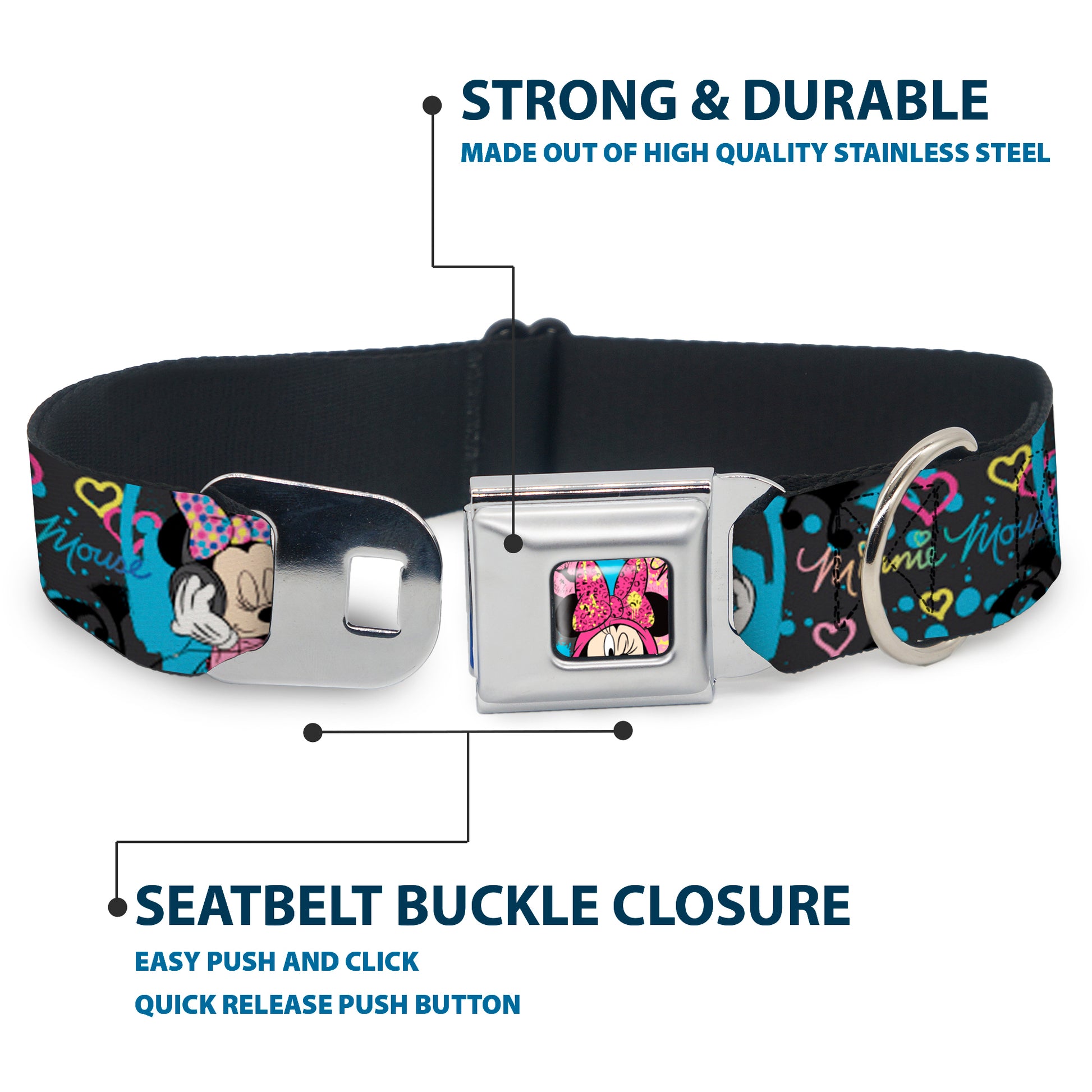 Minnie Mouse Winking CLOSE-UP Full Color Multi Color Seatbelt Buckle Collar - Minnie Mouse Hoody & Headphone Poses Gray/Multi Color Seatbelt Buckle Collars Disney