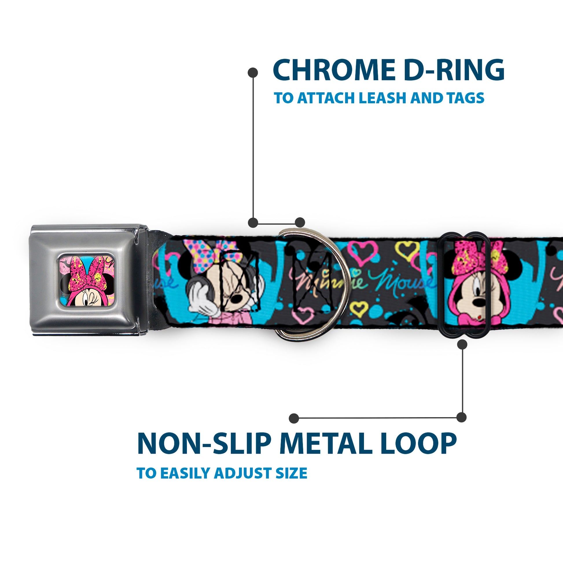 Minnie Mouse Winking CLOSE-UP Full Color Multi Color Seatbelt Buckle Collar - Minnie Mouse Hoody & Headphone Poses Gray/Multi Color Seatbelt Buckle Collars Disney