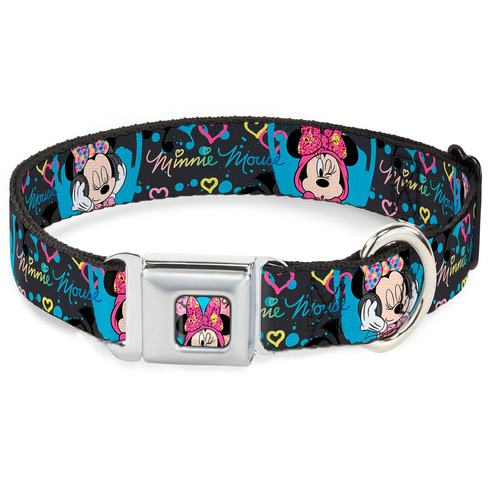 Minnie Mouse Winking CLOSE-UP Full Color Multi Color Seatbelt Buckle Collar - Minnie Mouse Hoody & Headphone Poses Gray/Multi Color Seatbelt Buckle Collars Disney